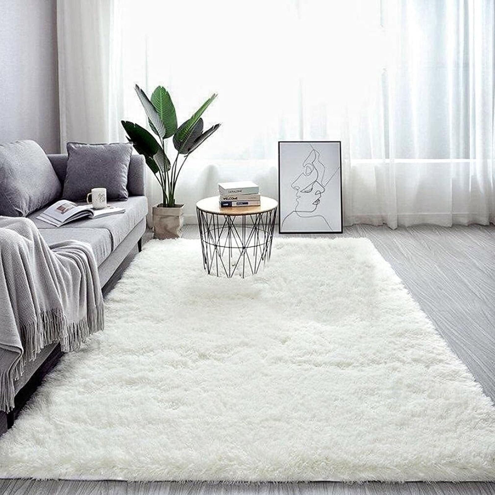 Alfombra de Pelo Largo 180 x 230 cm Modernas Pelo Largo Lavables, Suave, Esponjosa, Antideslizante Alfombra de Salón Habitación Dormitorio para Salón, Blanco