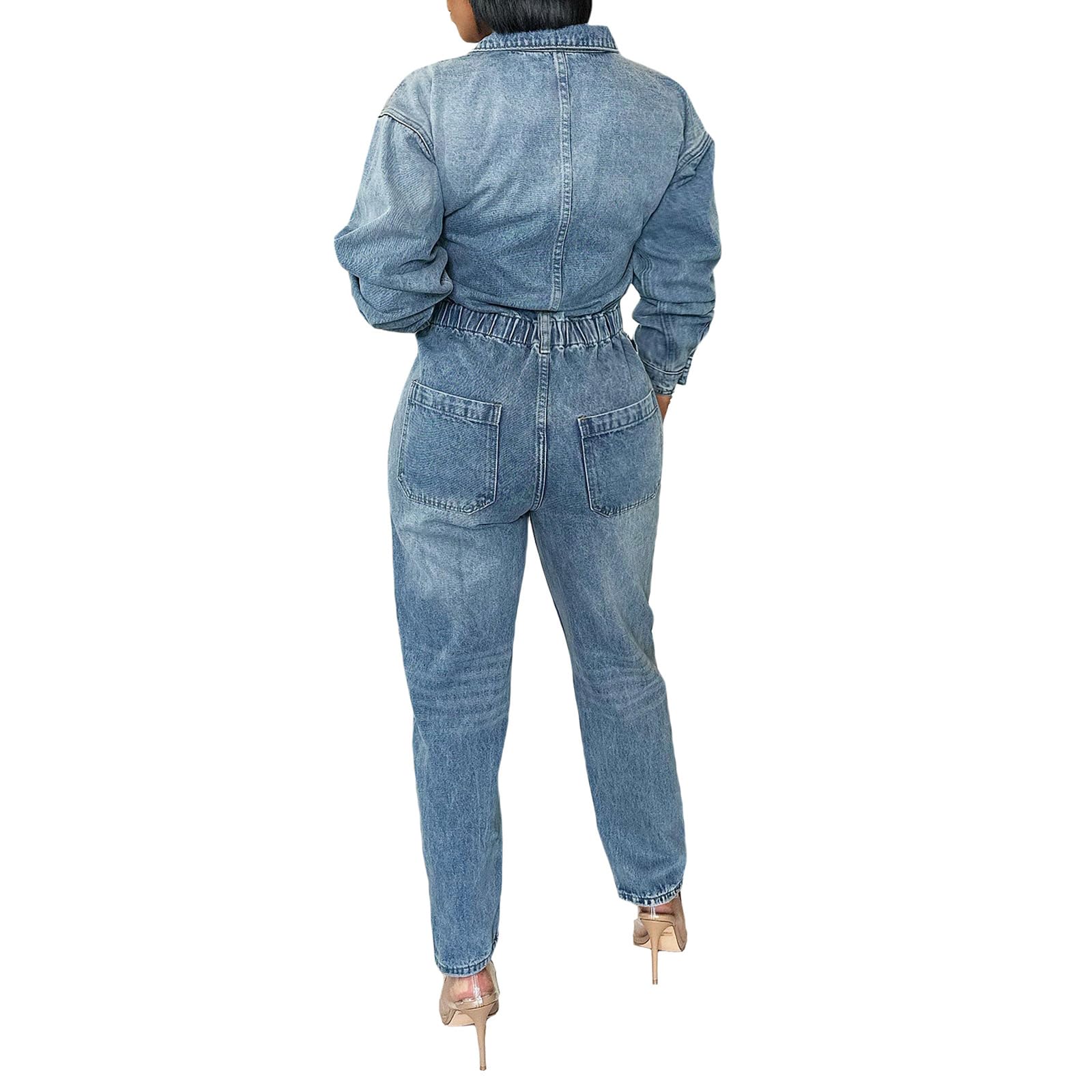 cffvdiz Denim Combinaison pour Femmes Sexy Slim Fit Manches Longues Taille Haute Jean Combinaisons Bouton Bas Élastique Taille Longue Romper