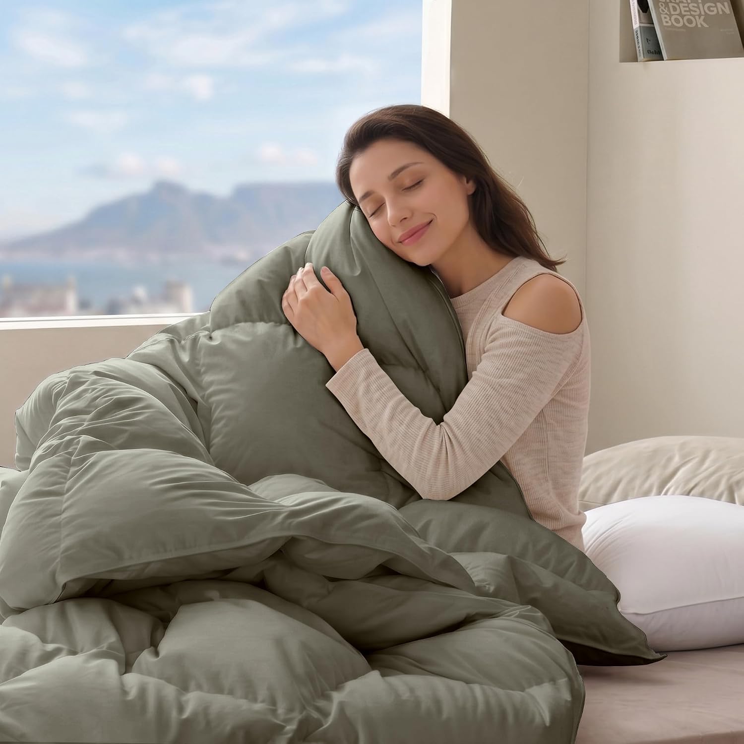 All Season Goose Feather Down Fiber Comforter, Queen, Sage Green, 88"X88"