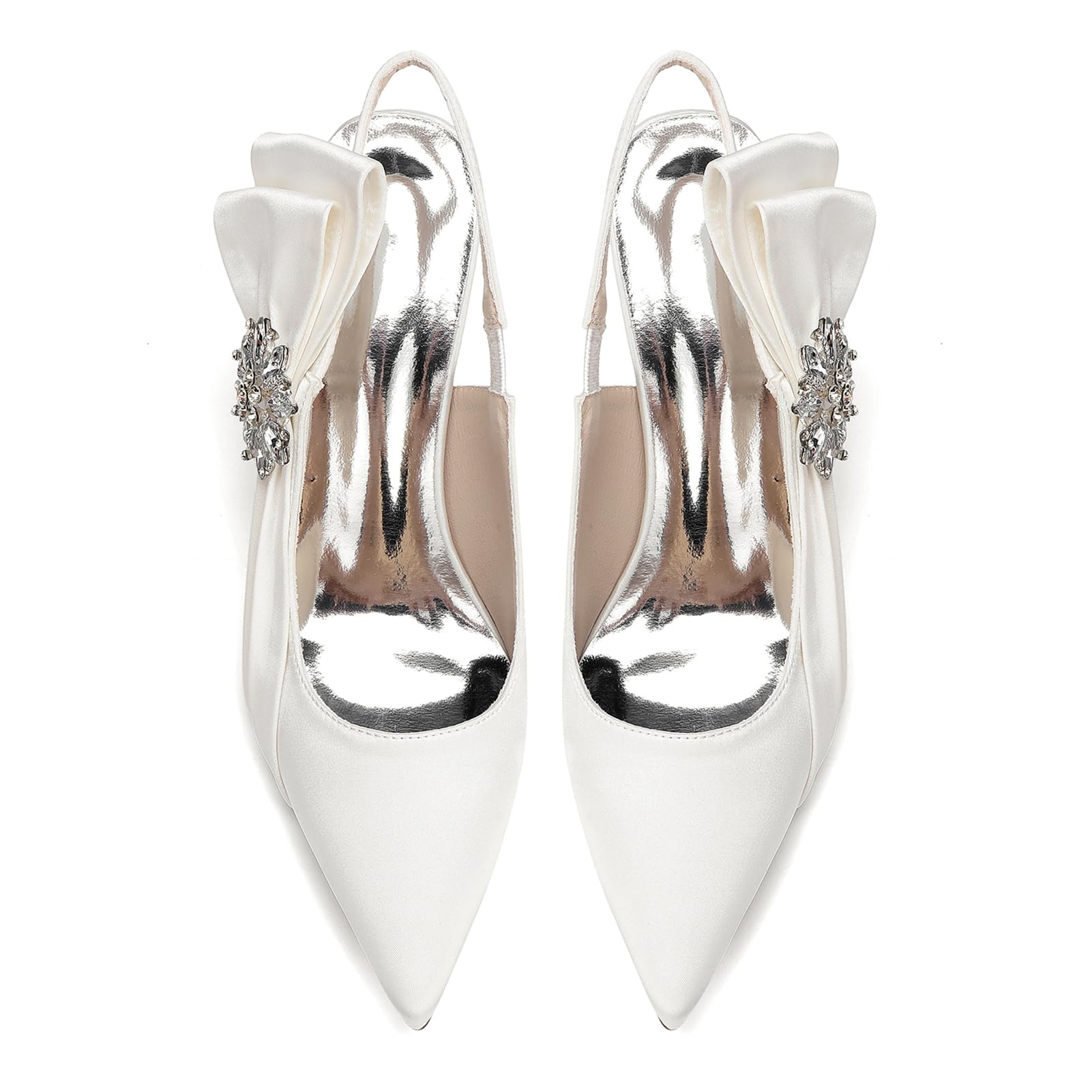 Generico Scarpe Sposa Donna Satin Décolleté Slingback Tacco Largo 8,5 cm Punta Elegante con Fiocco Gioiello e Strass Bridal Heels
