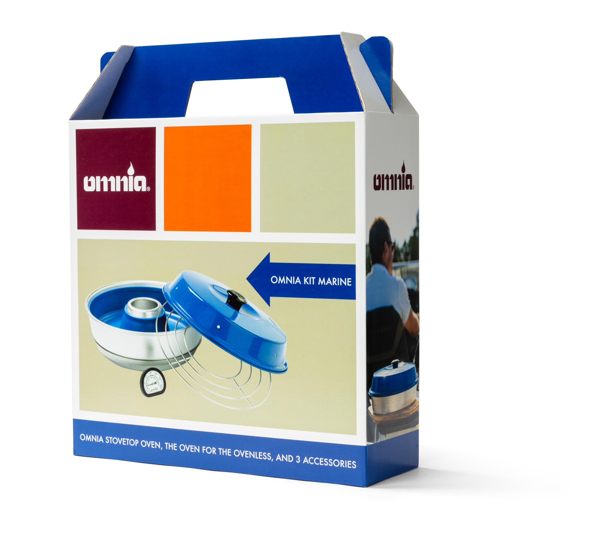 Omnia Kit Marine Four Portable 2L en Aluminium et Acier Inoxydable avec Moule en Silicone Anti-Adhésif, Grille de Four et Thermomètre, Forme Ronde, Bleu