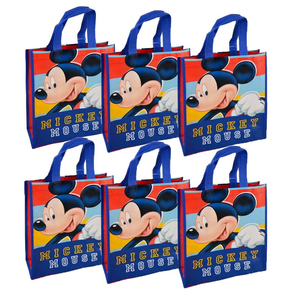 Disney Mickey Mouse Reusable 12-inch Tote Bags, 6-Pack Party Set, One Size, Blue, Red