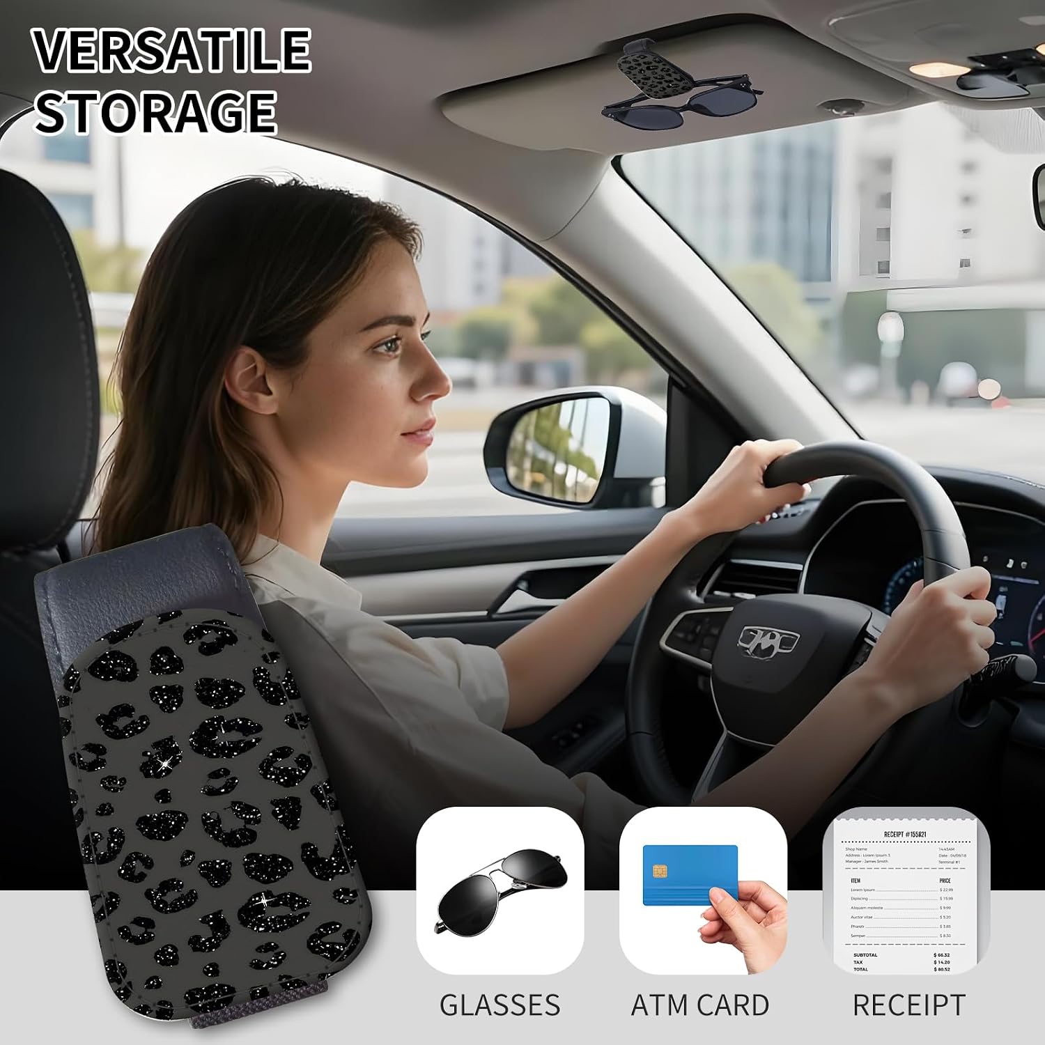 Sunglasses Holder for Car Visor, PU Leather Glasses Clip Organizer, Cute Magnetic Eyeglass Holder for Vehicle Sun Visor, Car Interior Accessory for Women & Men Black Sparkle Leopard