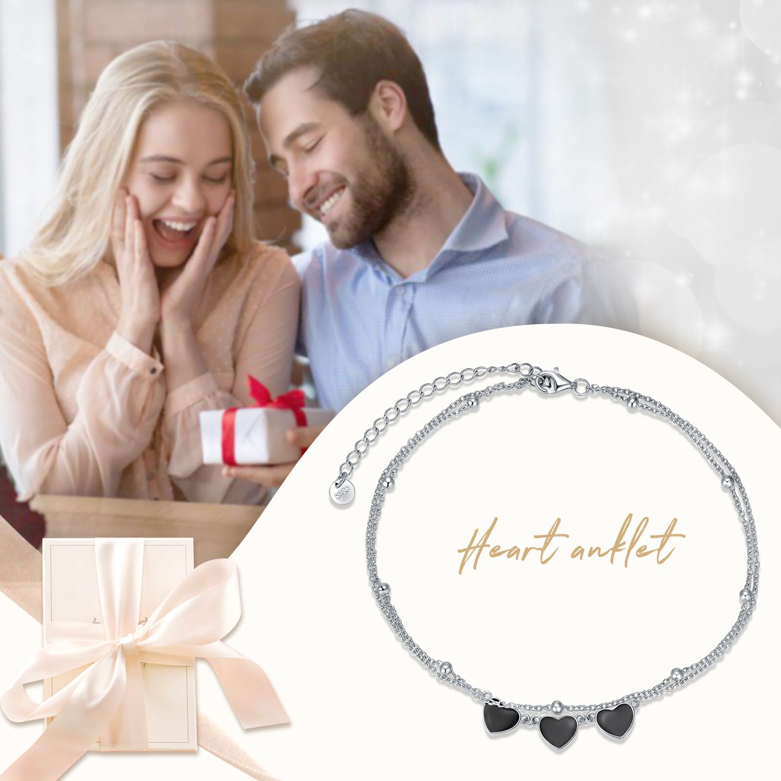 YFN Cavigliera a forma di cuore in argento Sterling 925 a strati cavigliera nero cuore caviglia bracciali per le donne regolabili spiaggia donne cavigliere gioielli regali, 27.94 centimeters, Argento