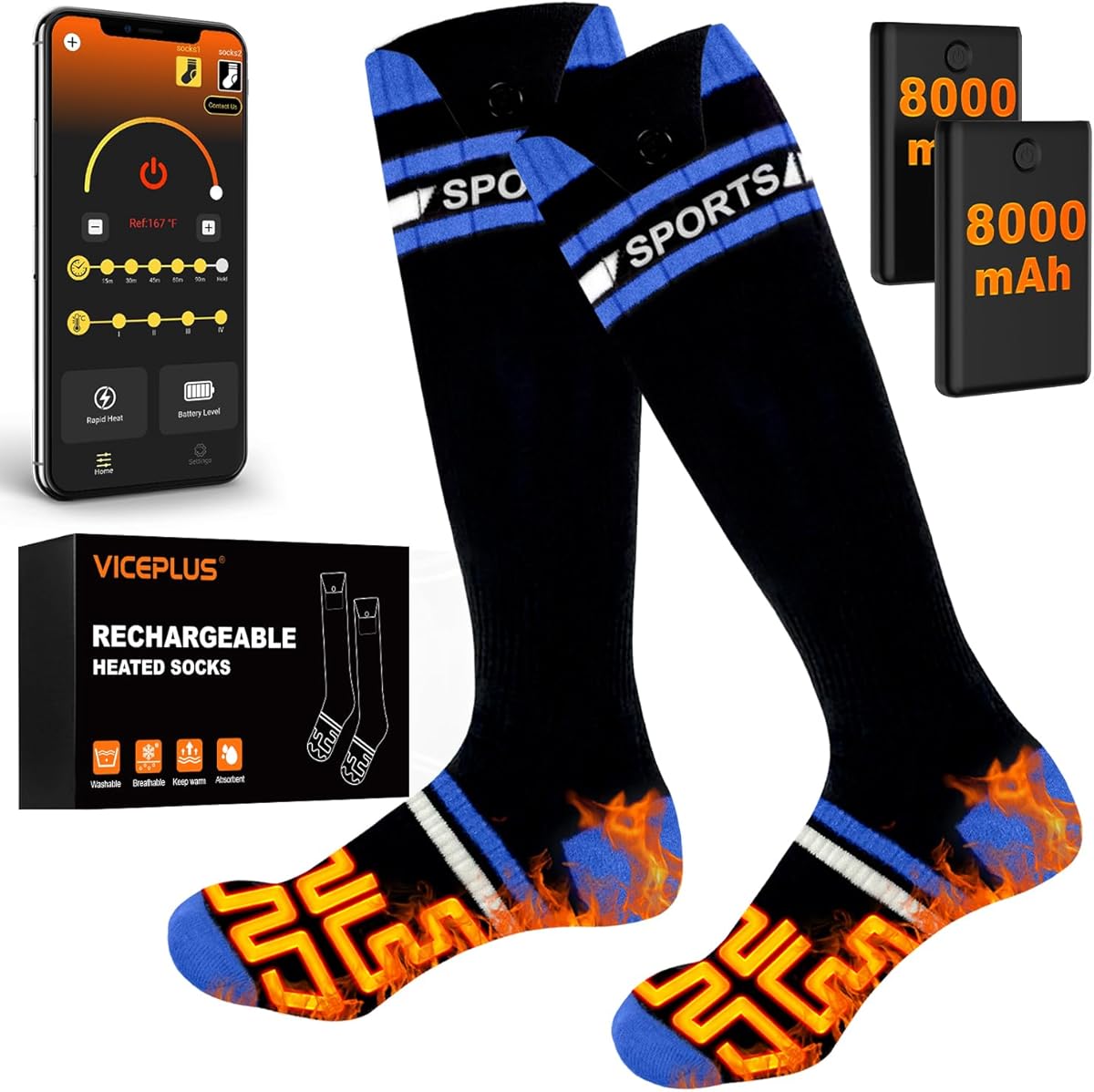 8000mAh*2 Heated Socks for Men Women with App Control,Large-Capacity Rechargeable Battery,360°Heating Warming,Electric Winter Socks,Foot Sole Heating,Foot Warmer for Skiing,Hiking,Hunting,Outdoor