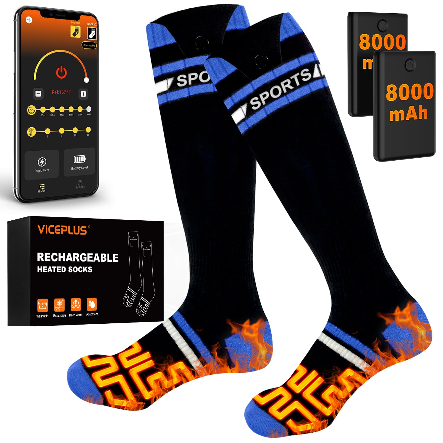 8000mAh 2 Heated Socks for Men Women with App Control Large-Capacity Rechargeable Battery 360 Heating Warming Electric Winter