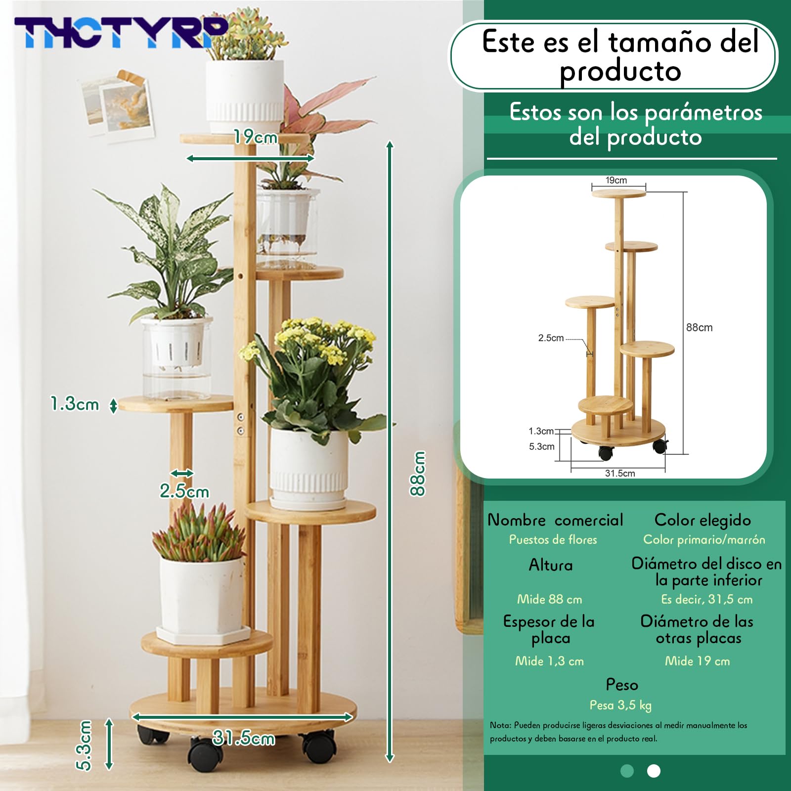Soporte de flores de bambú alto y bajo, soporte para flores de disco, soporte para macetas de pothos con ruedas para balcón de sala de estar, soporte de flores de interior