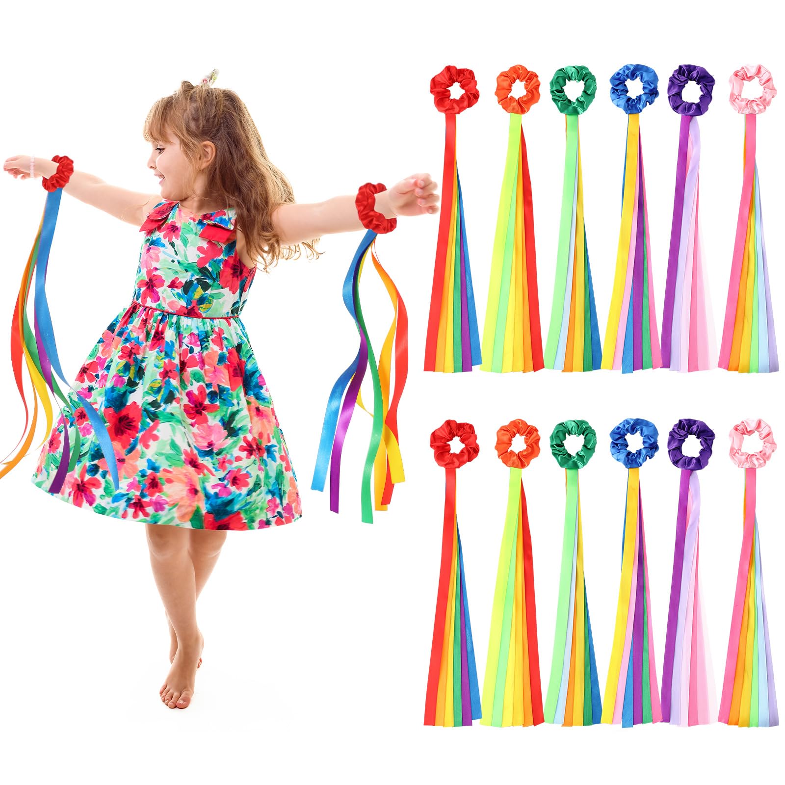 VioraWhite 12 Pcs Rainbow Dance Ribbons Rainbow Rhythm Ribbons Wrist Streamers Hand Held Rhythm Streamers Gymnastics Dance Decorations for Kid Adult, Assorted Color (0.8 x 19.7 Inch,Multiple Colors)