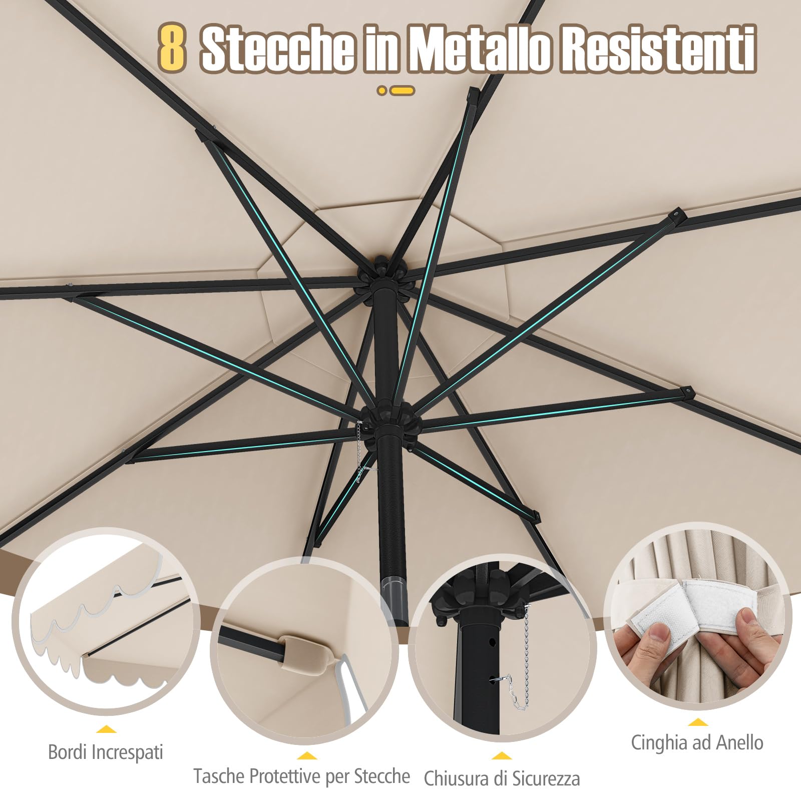 COSTWAY Ombrellone da Giardino 300 cm, con Inclinazione Regolabile, Anti-UV, Manovella, 8 Stecche, Top Ventilato, per Giardino Piscina Patio (Beige)