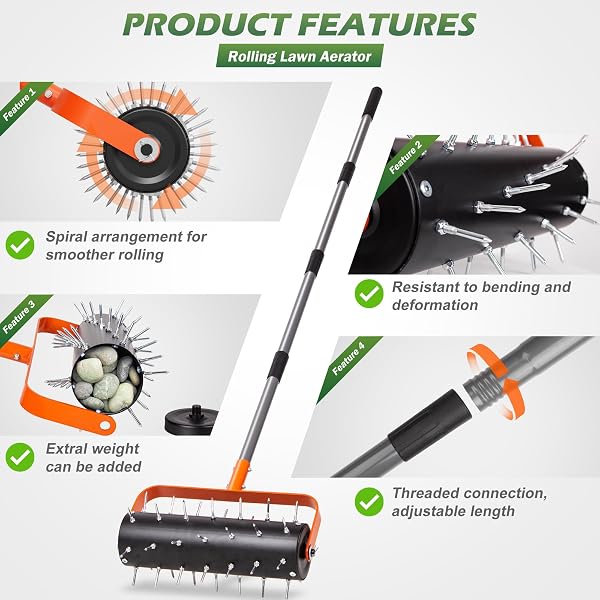 Walensee Rolling Lawn Aerator, Heavy Duty Manual Aerator Tool with 42 Spikes, Lawn Spike Aerator Roller with 71" Adjustable Handle, Soil Penetrator Push Lawn Aeration for Garden Yard Patio - 5