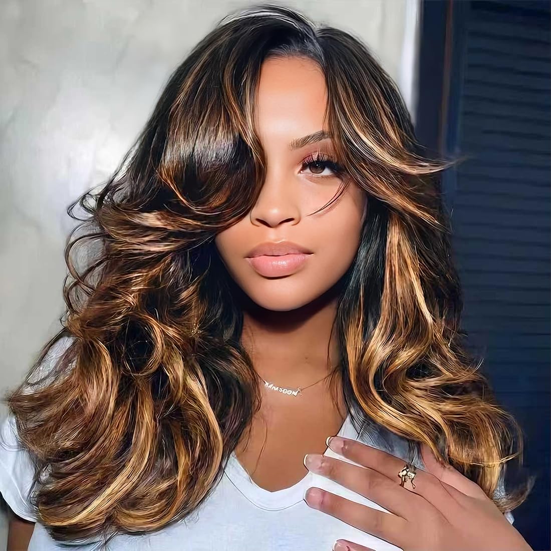 Body Wave 18 Inch Half Wig Human Hair 3 In 1 Drawstring Seamless Filp Over Half Wigs for Black Women Glueless Wear and Go Wigs Human Hair 180% Density Highlight Ombre 1B/30#