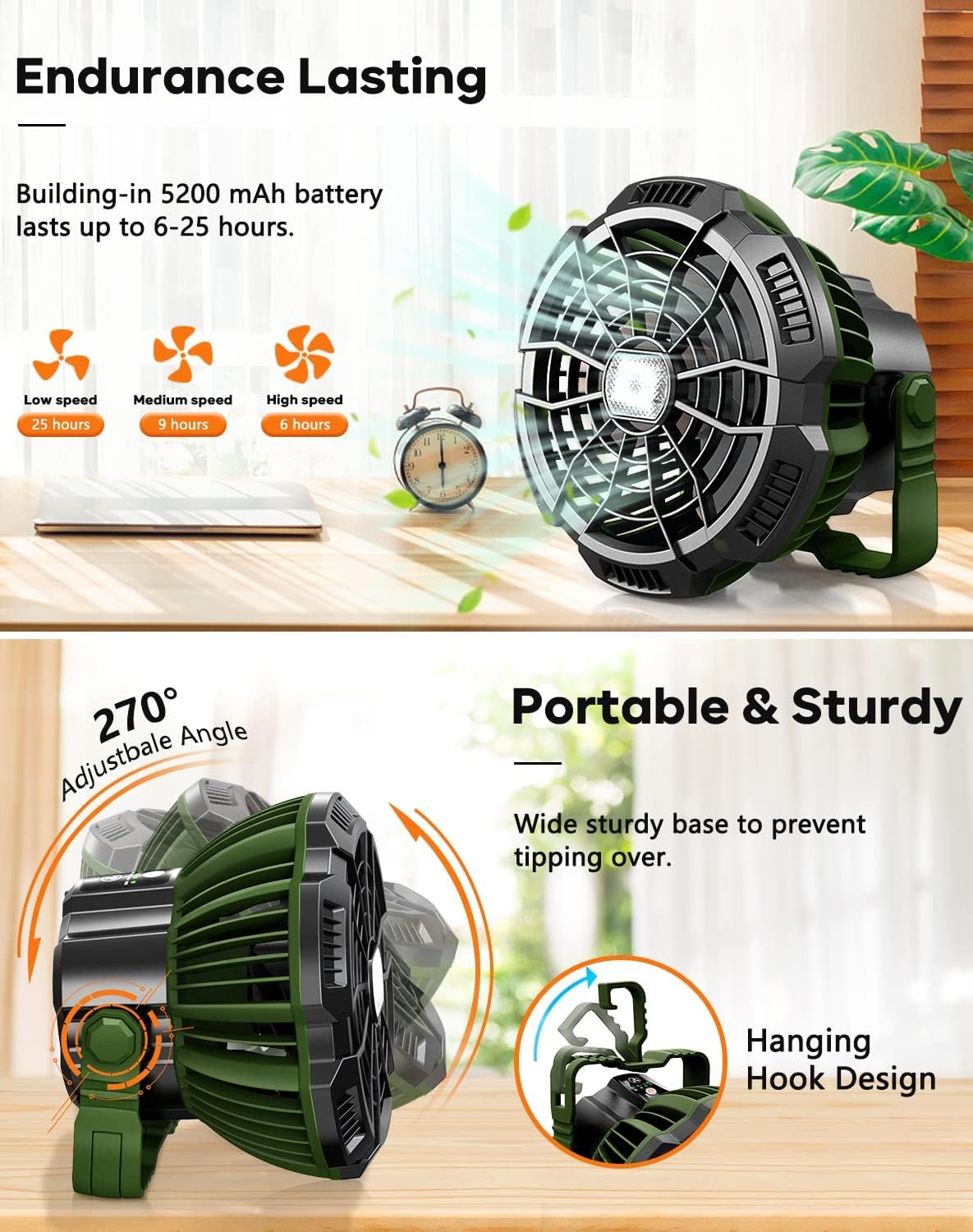 Karvipark Portable Camping Fan, 2 in 1 Rechargeable USB Ceiling Tent Fan with LED Lantern, Remote Control, Power Bank, Quiet Desk Table Fan 180° Head Rotation for Outdoor Hiking, Picnic, BBQ, Fishing (Green)