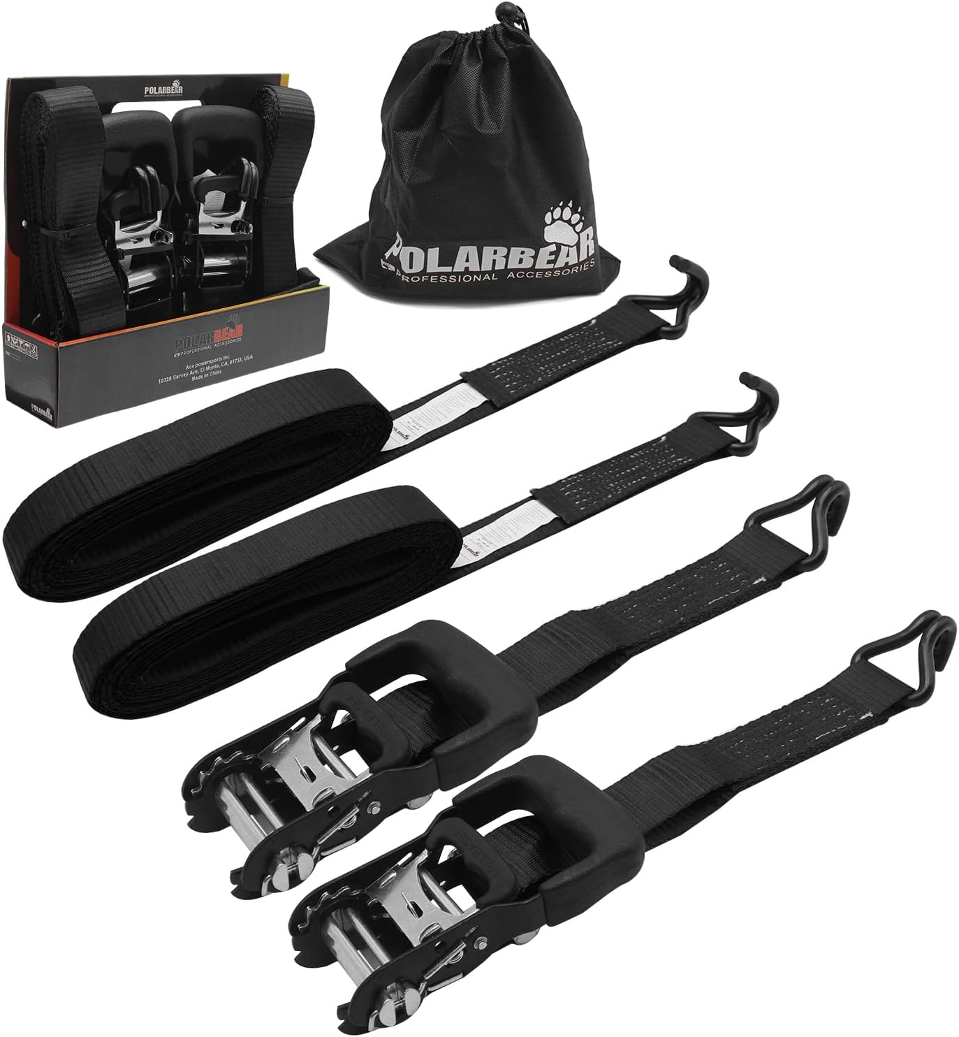 POLARBEAR Ratchet Straps Tie Down Kit(2-Packs) 1.5"*15' - 5000lbs Break Strength Heavy Duty Ratchet Straps - with Hook and Padded Handle - Use for Motorcycles, ATVs, Etc.(Black)