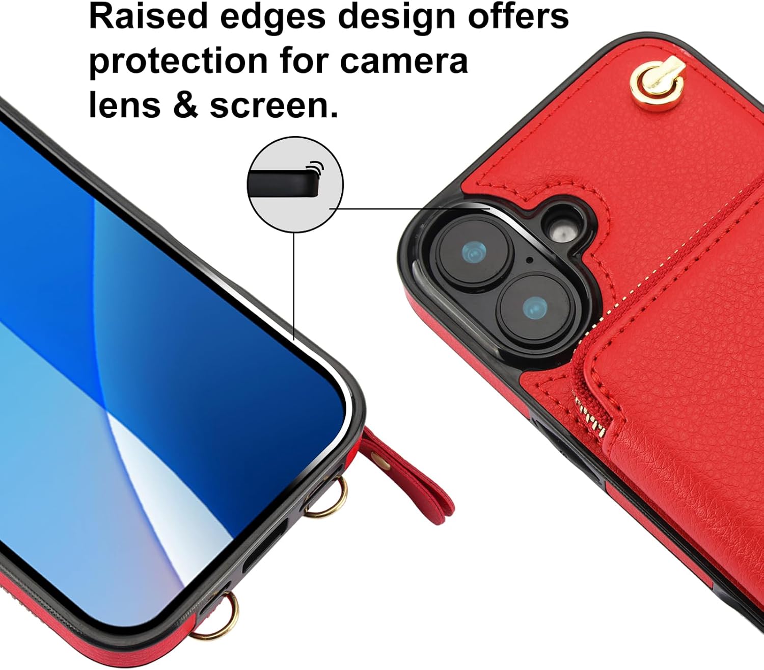 Bocasal Crossbody Wallet Case for iPhone 16 Plus, RFID Blocking Leather Purse Case with Card Holder, Protective Handbag Flip Cover with Zipper Wrist Strap Lanyard for Women 5G 6.7 Inch (Red)