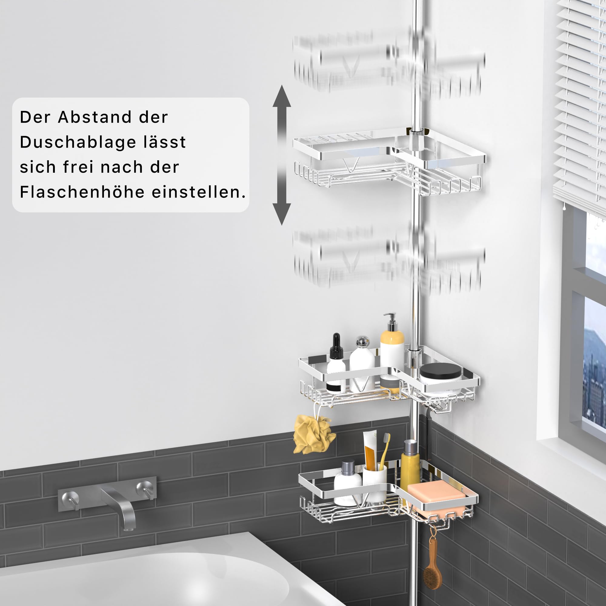 KEGII Teleskop Duschregal Chrome - Duschablage Ohne Bohren 4 Stück | Teleskopregal Eckregal, für Bad und Badewanne, Einfache Montage, Höhenverstellbar, Mit Haken/Seifenhalter/Rasiererhalter