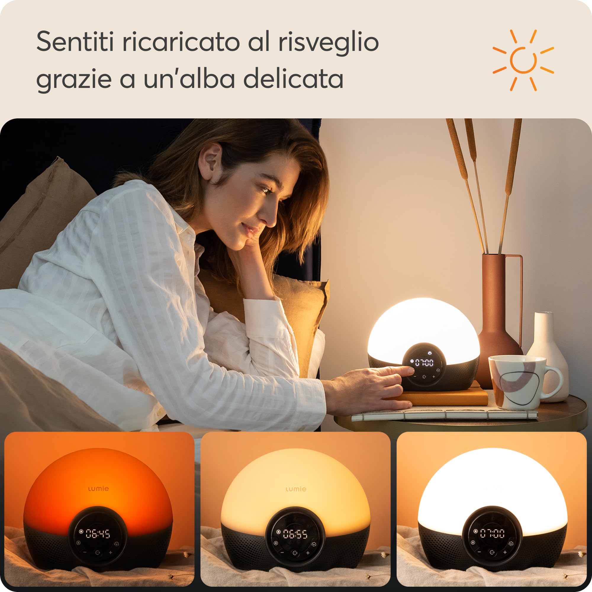 Lumie Bodyclock Glow 150 – Orologio sveglia con luce per risveglio con 9 suoni e funzione di tramonto, 12 W