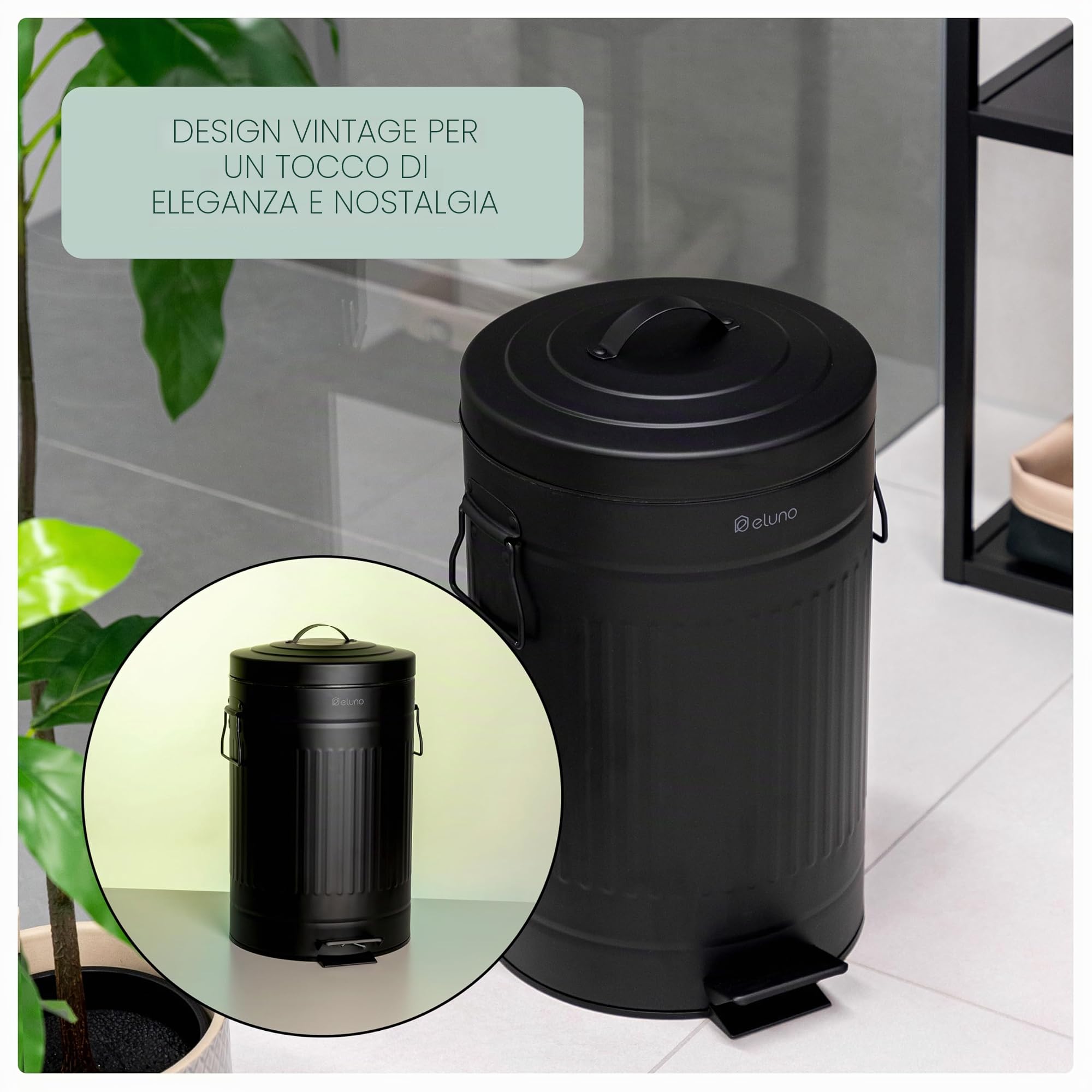 eluno Pattumiera vintage a pedale da cucina, capacit? 12 litri, con secchio interno in plastica rimovibile in metallo (nero)