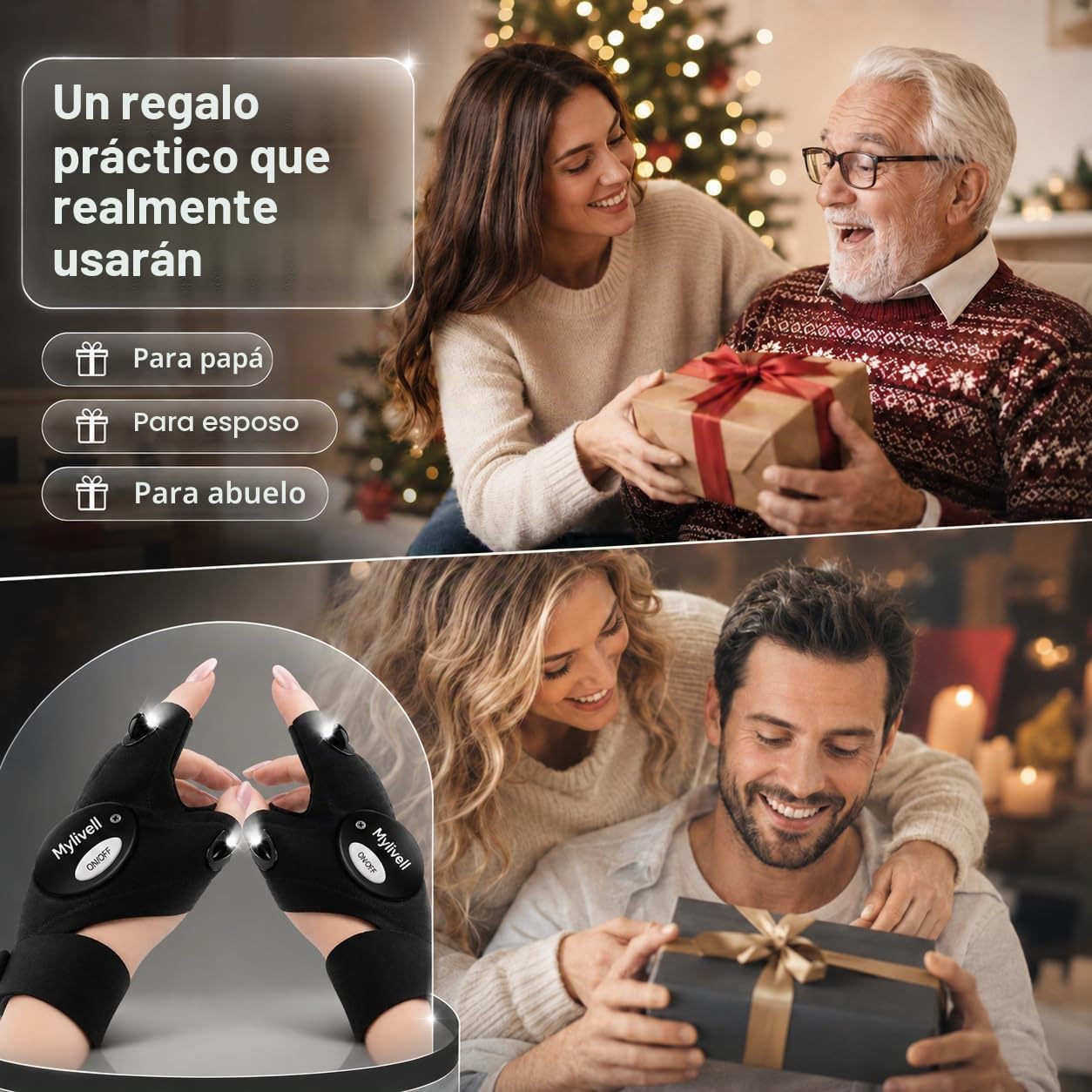 Mylivell Guantes Linterna LED, Regalos Originales para Hombre Manitas, Papá, Bricolaje, Pesca Nocturna, Reparación de Coches, Camping, Caza, Herramienta Luminosa Manos Libres