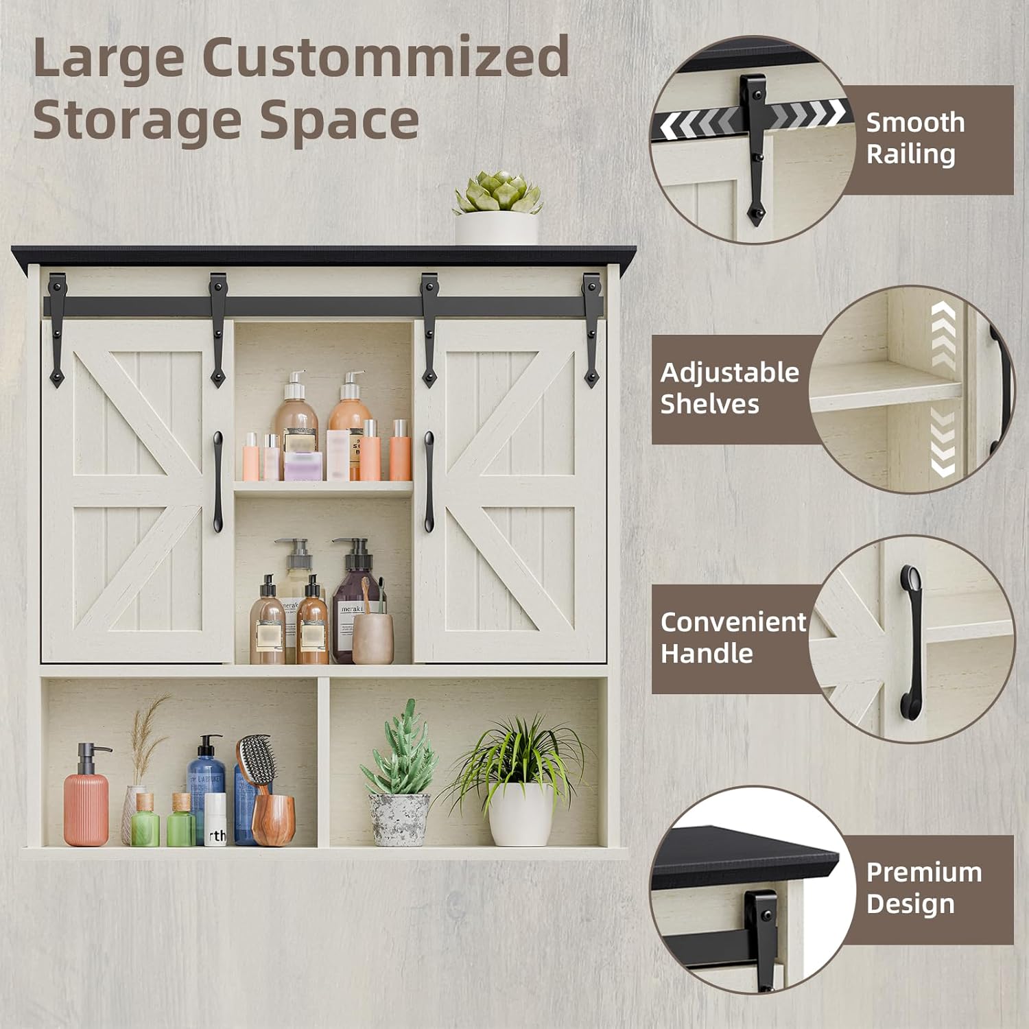 Vabches Bathroom Wall Cabinet, Farmhouse Medicine Cabinet with Double Sliding Barn Door and Adjustable Shelves, Wooden Vintage Storage Cabinet Wall Mounted for Bathroom, Kitchen, White and Black