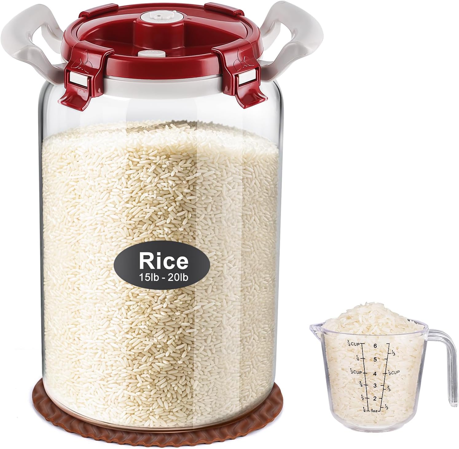 2.6 Gallon Glass Rice Storage Container with Airtight Lid & Handle - 20 lbs Large Glass Jar with Lid for Pantry, Kitchen - BPA Free, Wide Mouth, Clear Design for Flour, Pasta, Cereal Food Organization
