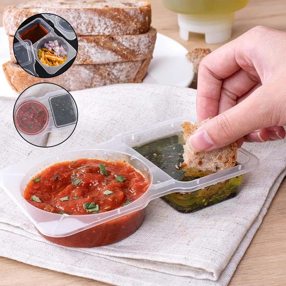 20Stk Double Compartment Snack Containers with Lids, Salatdressing Behälter, Gewürzbehälter mit 2 Fächern, Snacks Auslaufsichere Gewürzbehälter für Mittagessen Picknicks und Reisen