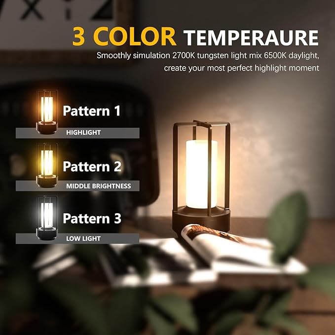 Anznzem Table Lamp, Portable Cordless Rechargeable LED Lamp, 3-Colour Dimming Metal Bedside Lamp, Small Desk Lamp for Bedroom and Outdoor Use, Ideal for Restaurants, Bars, Coffee Shops and Camping photo 3