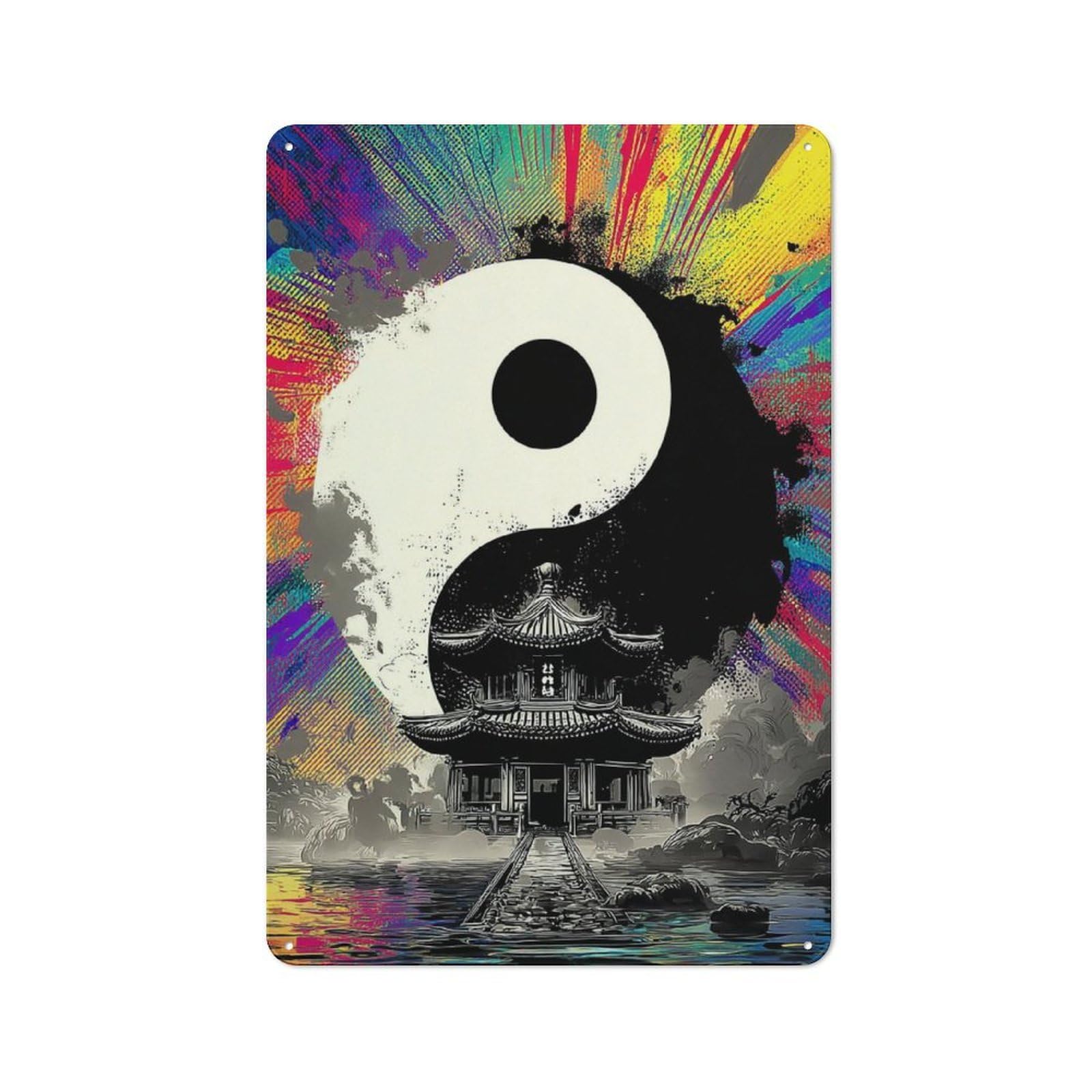 Junmoney Yin Yang Temple Reflections Rustic Tin Wall Plaque 30X20cm For Garage Or Workshop, For Garage Decor Fans, For Retro Home Interiors
