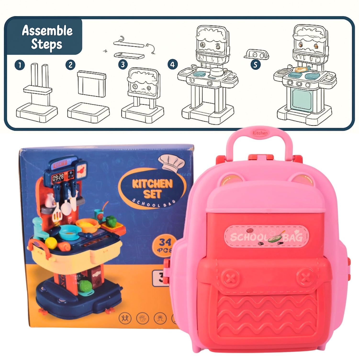 Cojuz Kitchen Sink Play Set with Automatic Water Cycle System Pretend Electric Dishwasher with Running Water Kitchen Sink Toys with Accessories for Kids (School Bag Pink) 1