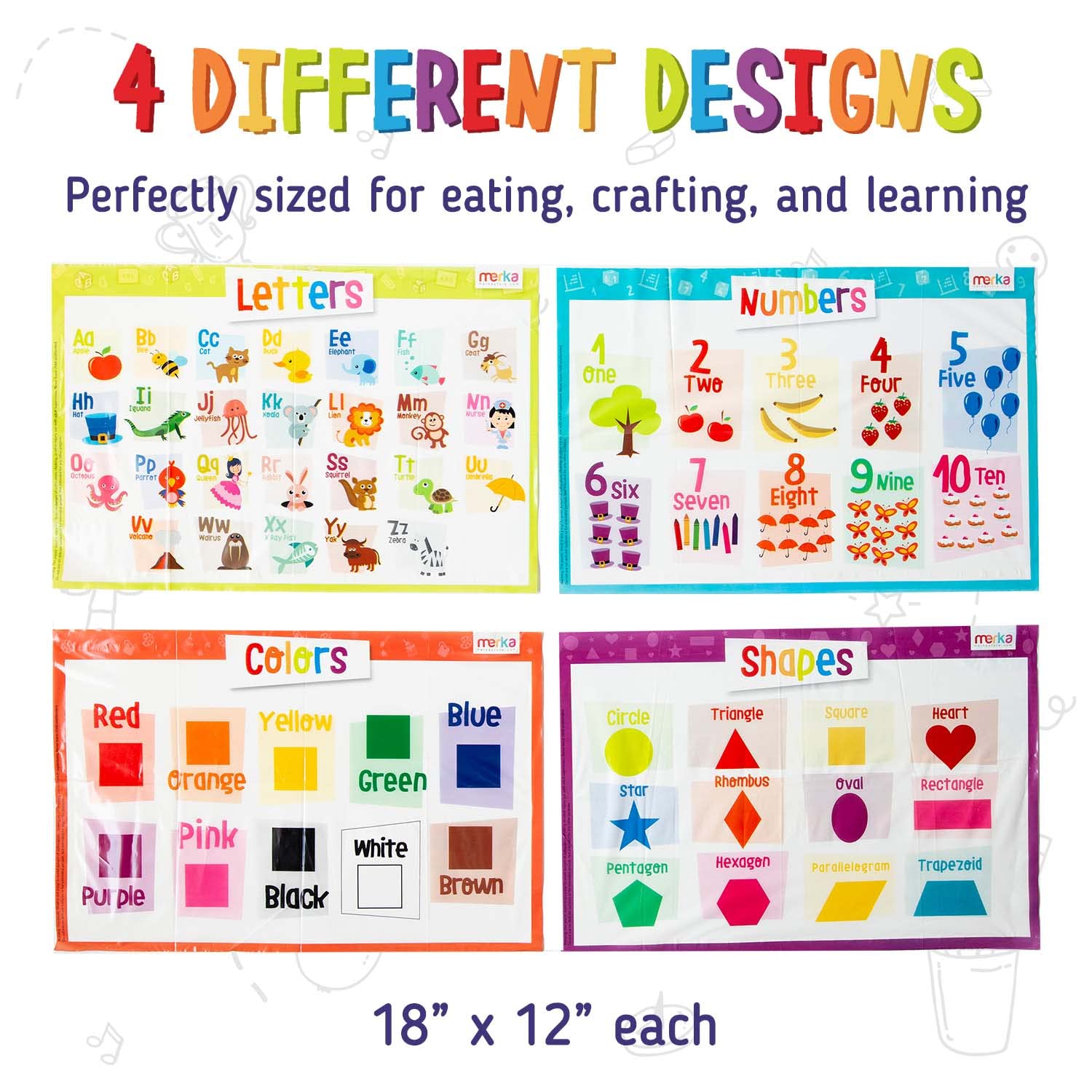 Merka Lot de 60 sets de table jetables pour bébés et tout-petits de 30,5 x 45,7 cm, autocollants pour restaurants, comprend des formes, des chiffres, des lettres et des couleurs