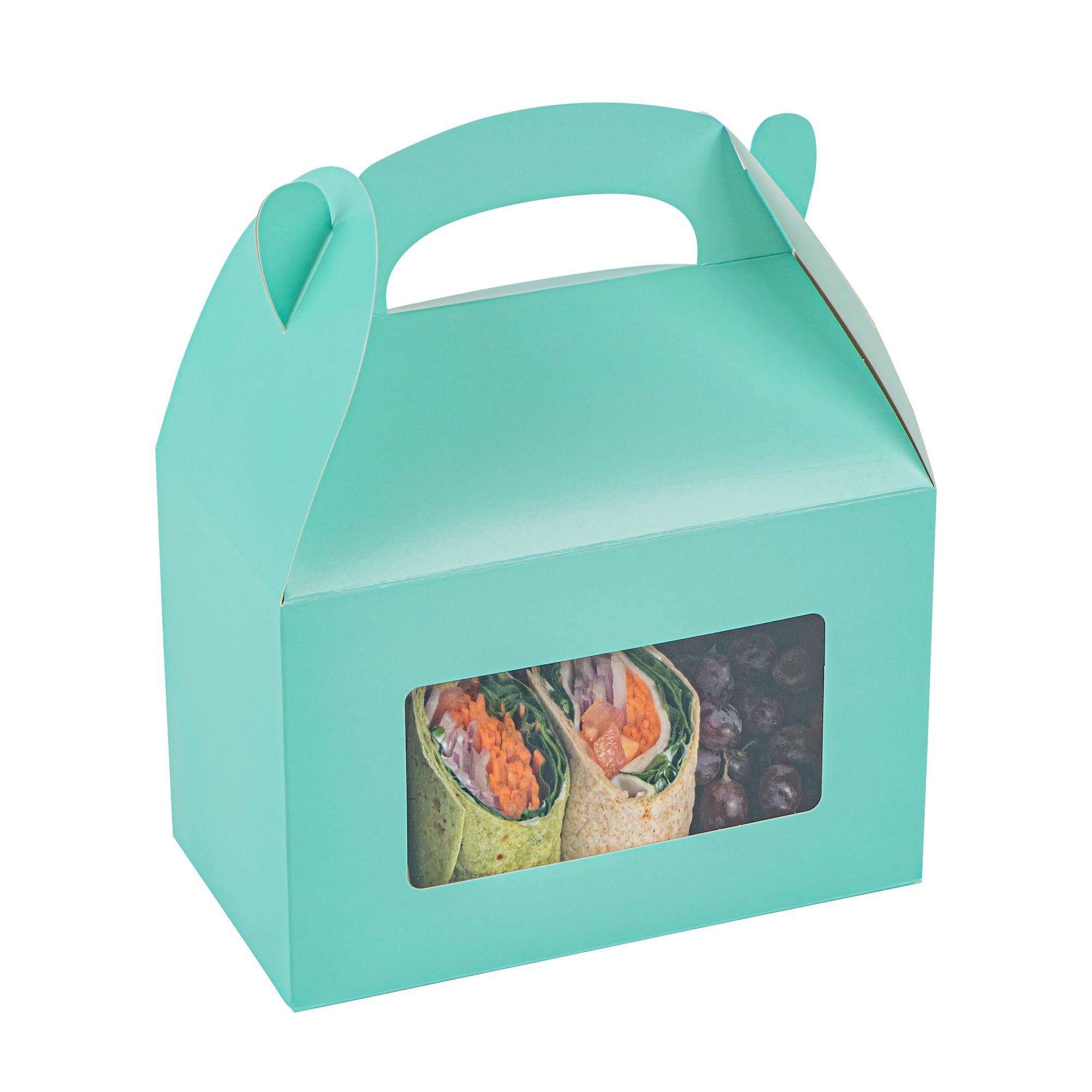 Restaurantware Bio Tek - Cajas a dos aguas de 8.5 x 4.8 x 5.5 pulgadas para recuerdos de fiesta, 100 atractivas cajas de regalo, ventana de PET transparente, con asa integrada, cajas de granero de