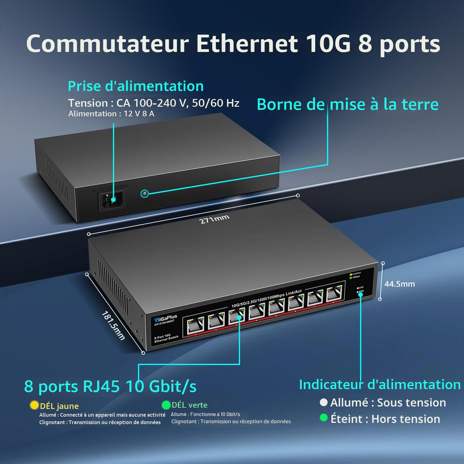 8-Port 10 Go Ethernet Switch Non géré, 8x10 GBE Base-T Ports, commutateur réseau Gigaplus 10G pour 10 Gbps NAS, PC, routeur WiFi7, Adaptateur de 10 Gbit Bureau / Support de Rack de 19 Pouces