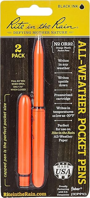 Rite in the Rain All-Weather EDC Pen, Orange POKKA 2-Pack, Black 0.9mm Ink, Fine Point (No. OR92)