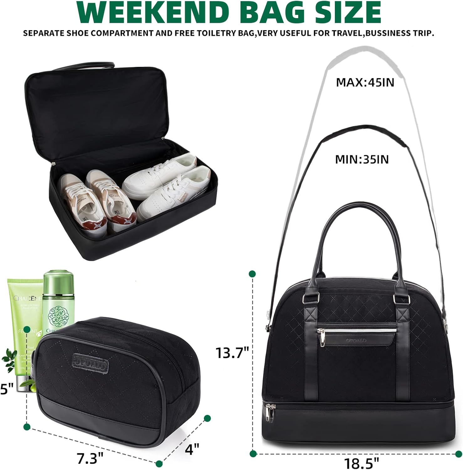 Travel Duffel Bag with Toiletry Bag for Women, Foldable Weekender Bag with Shoe Compartment Personal Item Overnight Bags Carry On Luggage Bag Gym Sport, Black