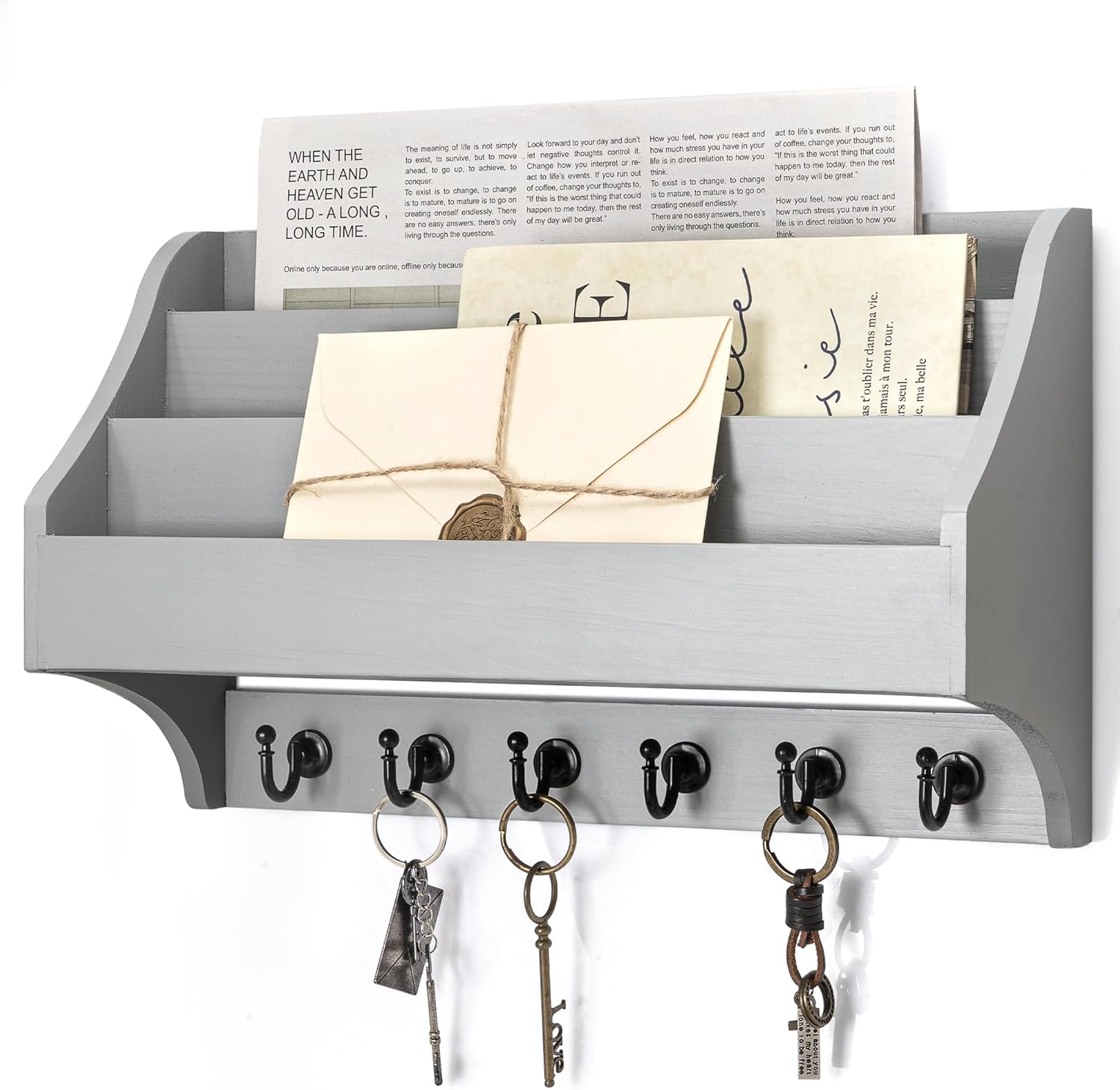 Rebee Vision Pine Wood Key Holder Wall Mount - Hanging Mail Holder for Wall with Key Hooks & 3-Tire Letter Slot - Multifunctional File Organizer for Home and Office Decor (Brown)