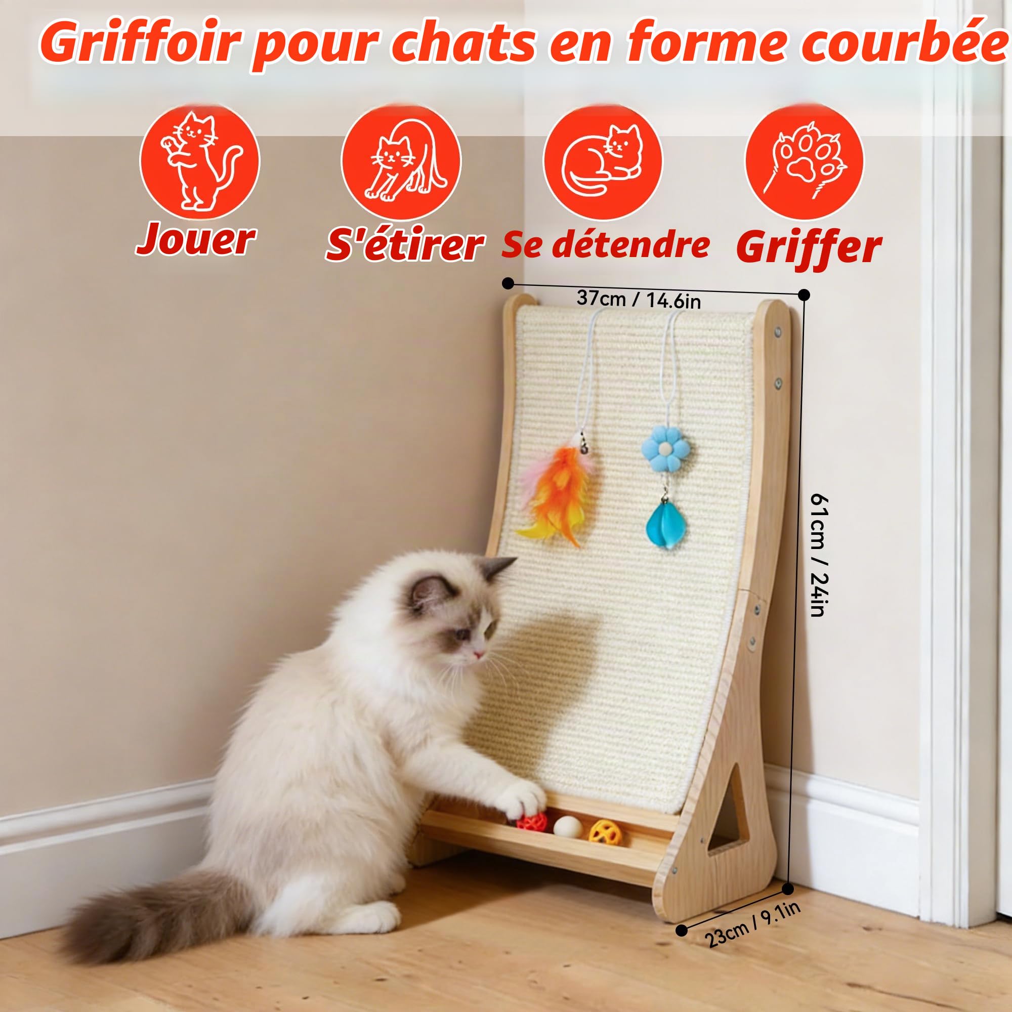 Griffoir pour Chat avec Tapis Griffoir Chaten Sisal Naturel 100% Planche Gratter Chat en Rampe Arqué de 63cm,Bois Massif Griffoir Interactif Chat avec Cloche Plume Protéger pour Canapé,Mural