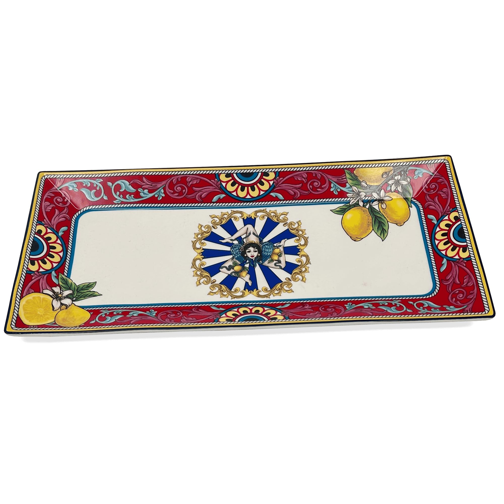 DIVINA Italian Design Prostokątny talerz ceramiczny Trinacria, 30,5 cm, śródziemnomorski styl sycylijski, do przystawek i przekąsek - SF170