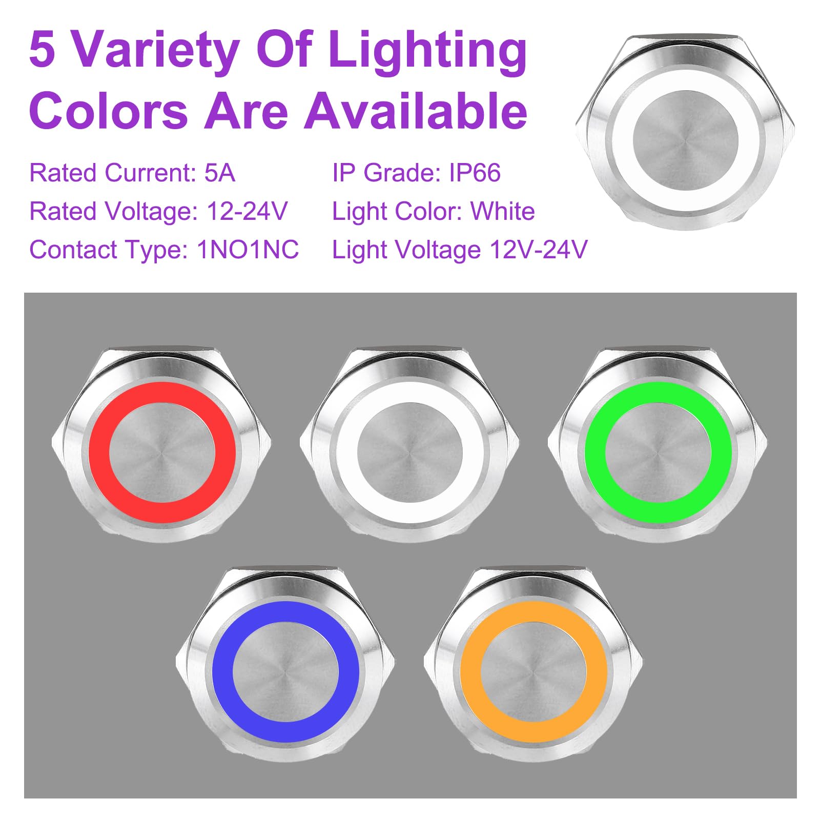 DMiotech 2 Pack 7/8 Inch Stainless Steel Latching Push Button Switch Flat Head 5A 12-24V Silver Shell 6 Pin with Cable Socket White Ring LED 1NO1NC for Car Boat Systems Custom Setups - Image 3