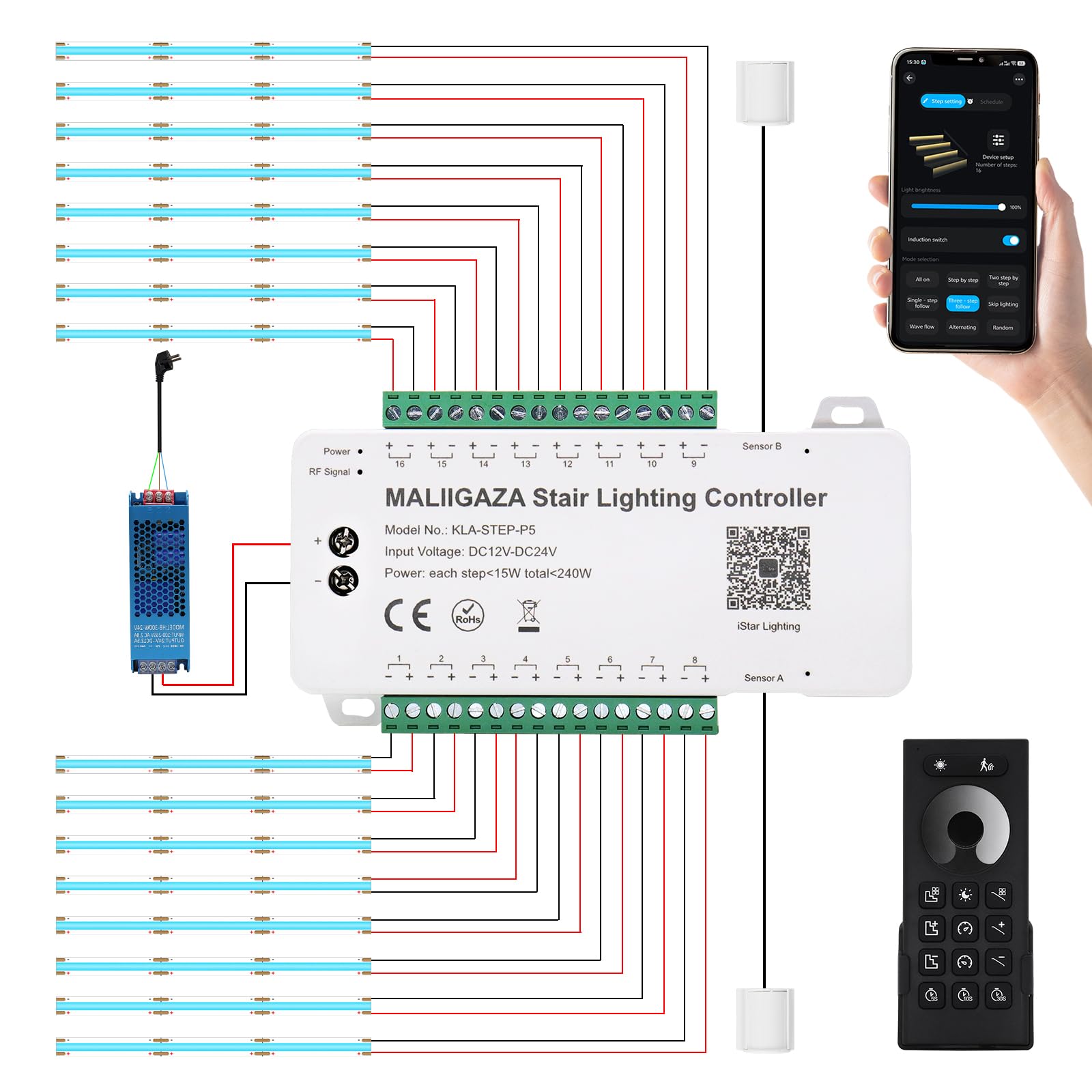 Luz de pedaleo inteligente, 16 escalones, blanco frío, 6000 K, detector de movimiento, luz de pedaleo con aplicación y control remoto de RF, luz de escalera inteligente Bluetooth, tira de LED COB para