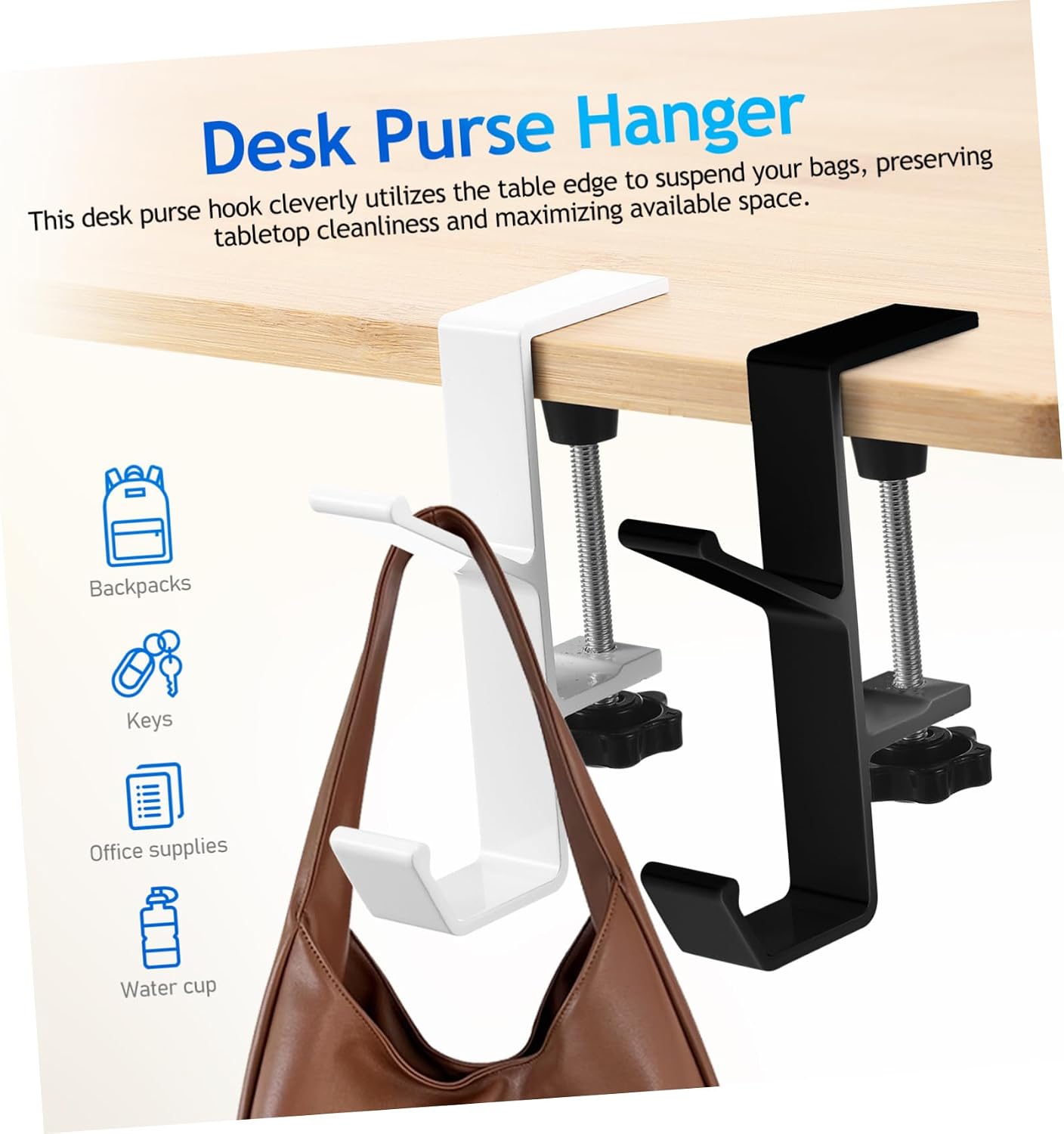 2pcs Desk Clamp Hooks Purse Hanger and Headphone Holder for Desk Space-Saving Schoolbag Hook for Handbags and Backpacks