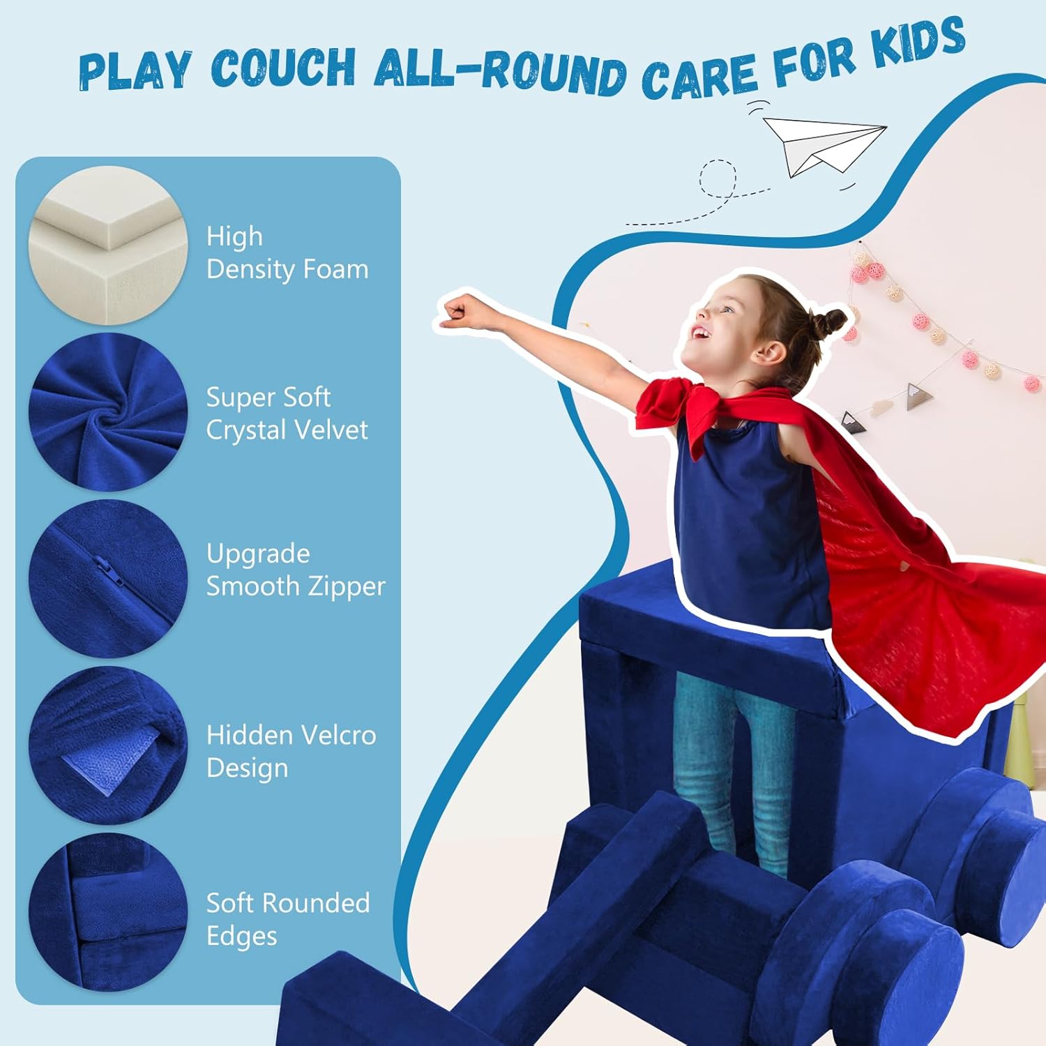 Kayfia 18PCS Modular Kids Play Couch, Kids Couch Building Fort for Playroom and Bedroom Furniture for Toddlers, Unlimited Creativity Sofa Convertible Play Fort (Blue)