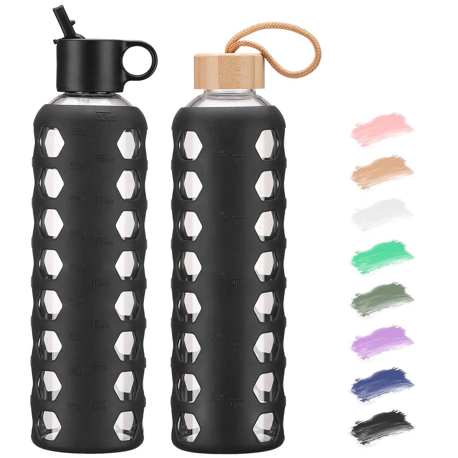 BLUEGO Borracce in vetro, 900ml Bicchiere in vetro, Bottiglie per bere con 2 coperchi, Bottiglia per l'acqua sportiva con custodia in silicone, A prova di perdite, Nero