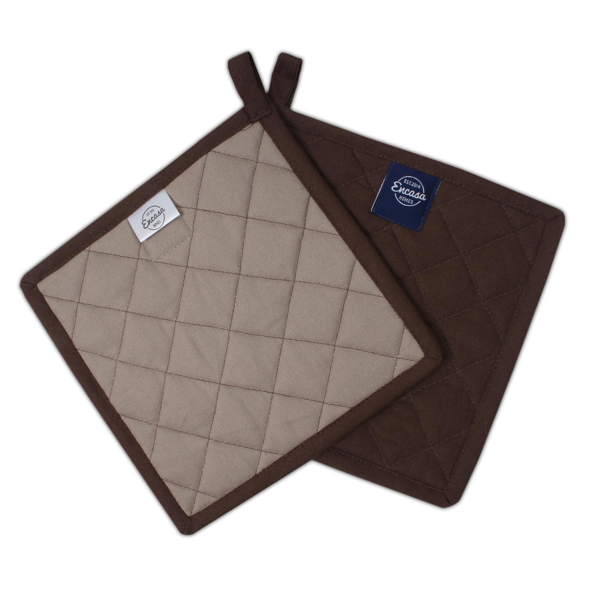 Encasa XO Heat Resistant Cotton Pot Holders With Hanging Loop - Set Of 2 - Dark Taupe & Beige - Multipurpose Quilted Everyday Hot Pad For Kitchen, Camping, BBQ & Microwave - 21 cm