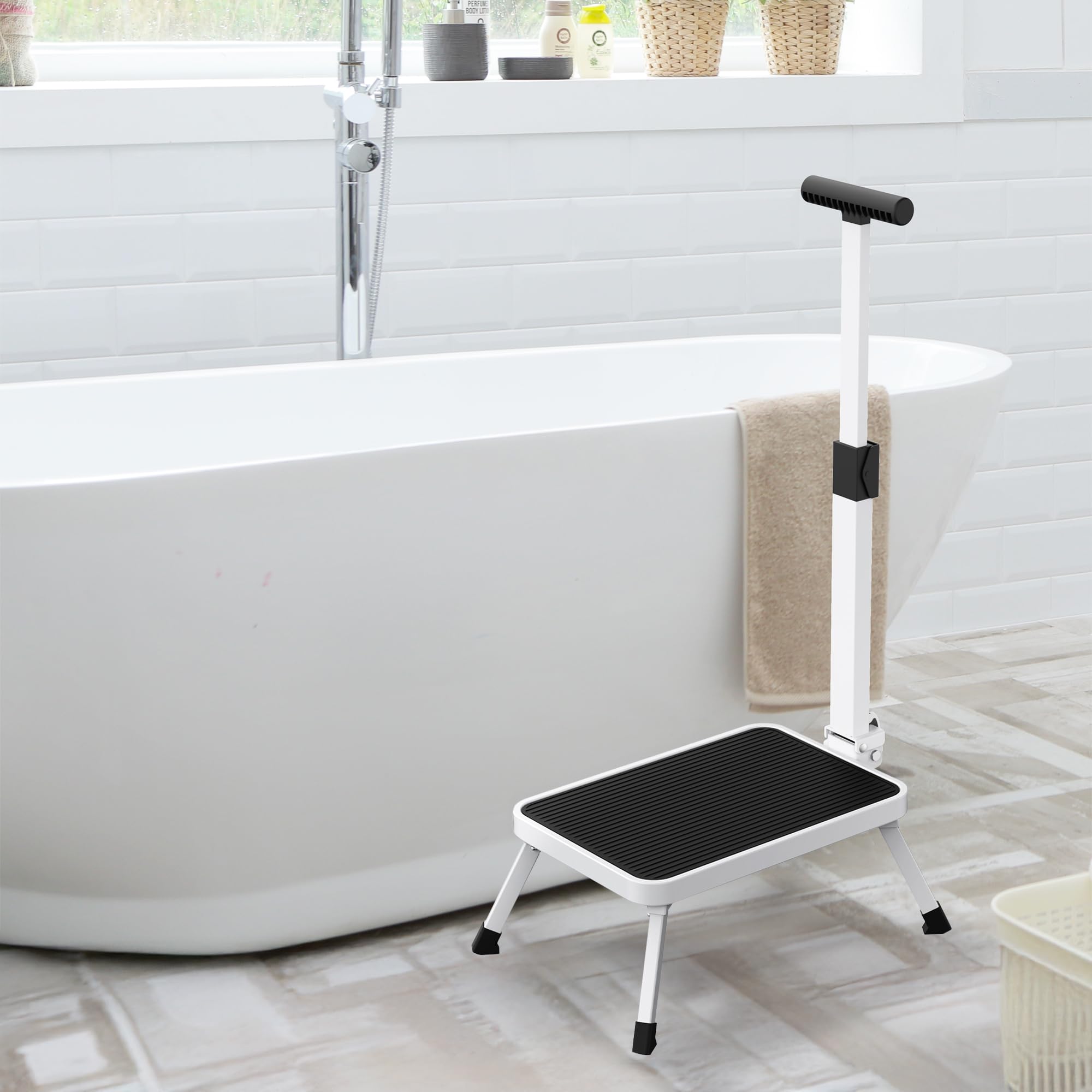 FISHTEC - Marchepied Sécurity + avec Barre D'appui - Grande Plateforme Antidérapante 38 x 26 cm - Pliage Ultra Plat - Hauteur 17 cm - Structure Acier Stable - Salle De Bain Cuisine Placard