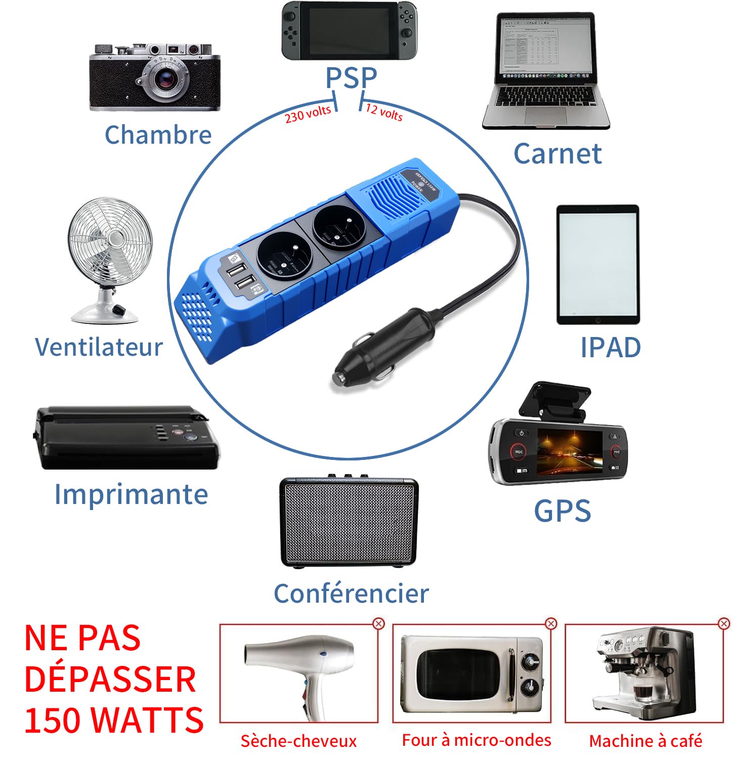 BYGD Convertisseur 12v 150W, Prise Allume Cigare Transformateur de Tension avec 2 Ports USB et 2 Prises EU Electrique pour Auto, Phone, Tablette, Ordinateur, Camping (Bleu)