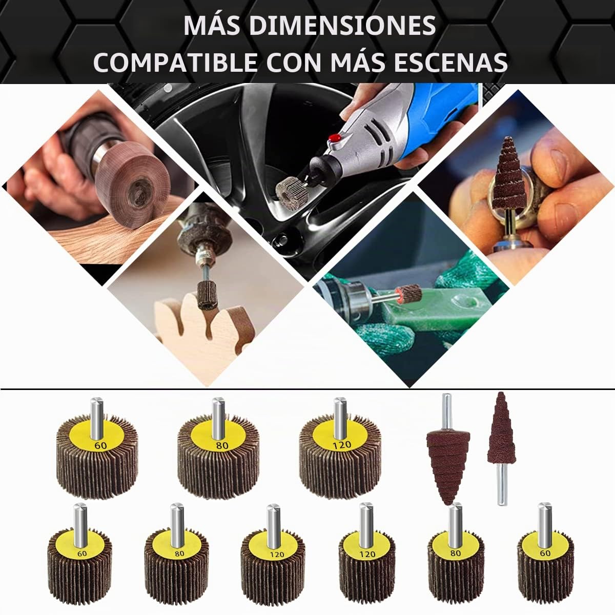 22 piezas Ruedas de láminas juego de amoladora de láminas Disco de pulido 3 tamaños diferentes Ø40/30/25 mm(grano A 60,80,120). lija para taladro.Adecuado para pulir metal,madera,pintura-FEIHU