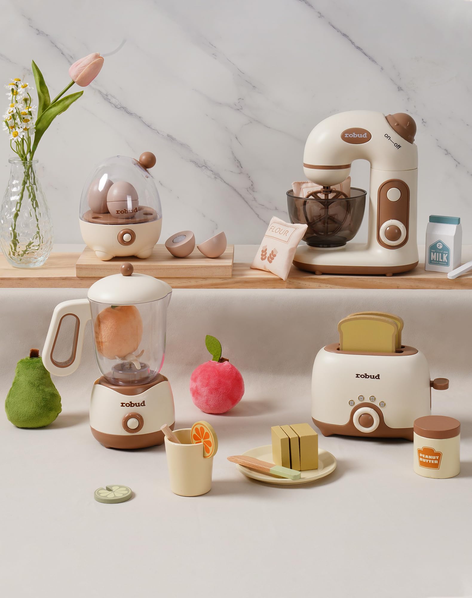 ROBUD Set di accessori da cucina per bambini, utensili da cucina, accessori per la cucina dei bambini, in legno per bambini, tostapane, frullatore, frullatore ad immersione, cuociuova – suoni