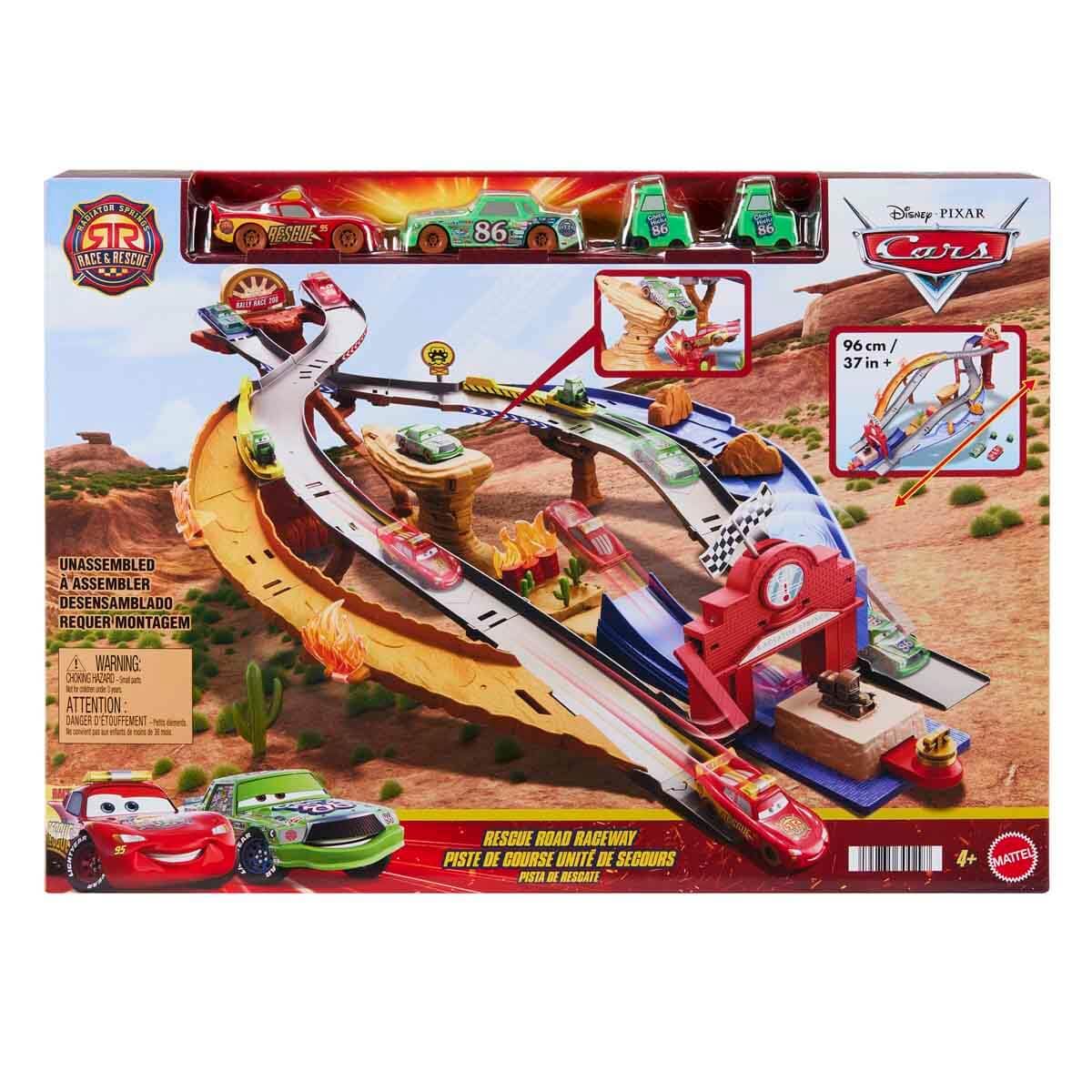 Mattel Disney Pixar Cars Auta Droga ratunkowa Wyścig z przeszkodami Zestaw do zabawy: 2 samochody zabawki Zygzak McQueen i Marek Marucha, 2 zabawkowe wózki widłowe i 2 sposoby na rajdową zabawę, JFL57