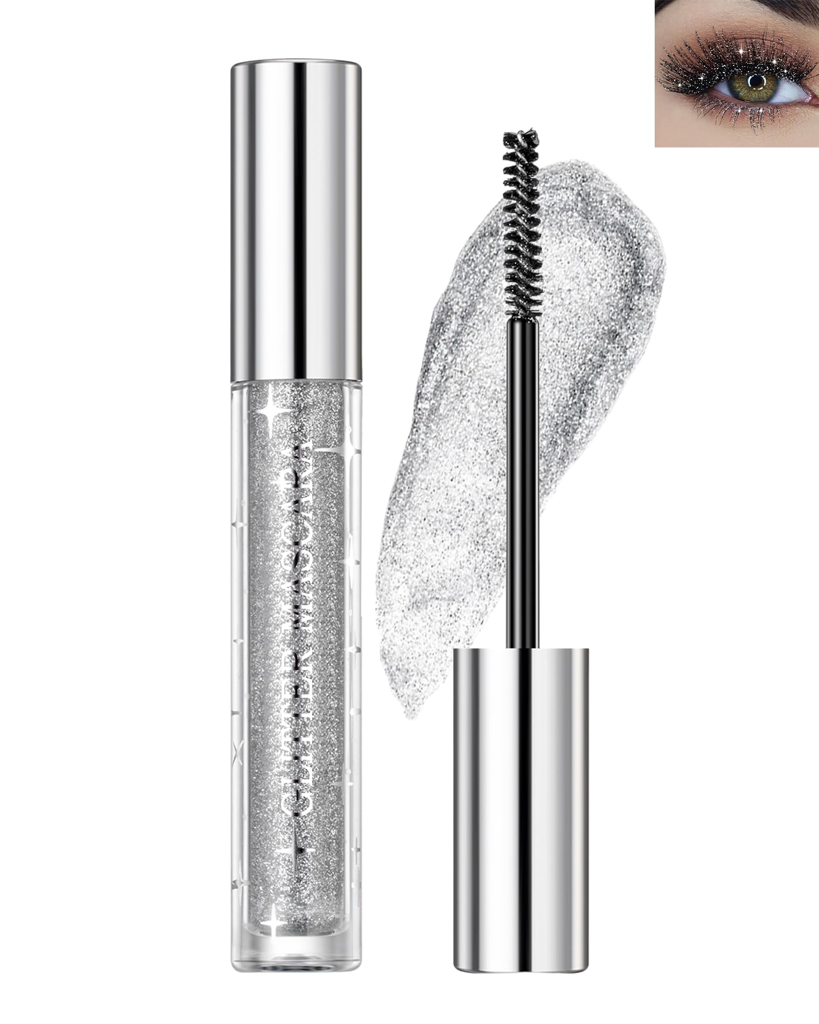 Glitter Diamond Mascara-1Pcs Silver Colored Metallic Shimmer Mascara, Long Lasting Waterproof Sparkly Tubing Mascara, Voluminous Curling Eyelashes, Makeup Gift for Women Party Stage Use-01 01 Silver