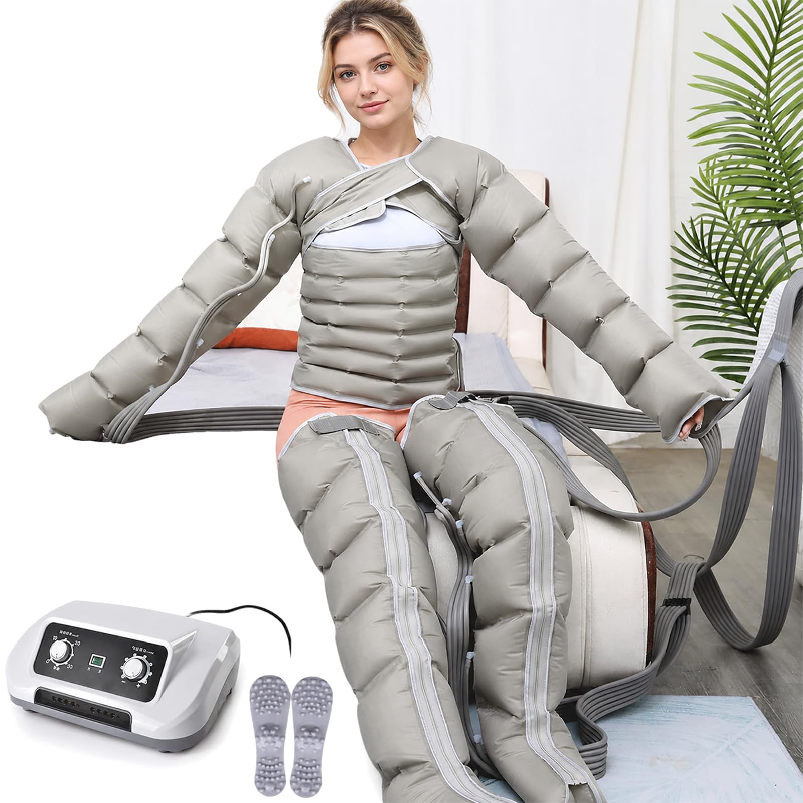 Pressoterapia Linfodrenaggio per Casa, Apparecchio Massaggio Linfodrenante Gambe, 6 Camere Massaggiatore Elettrico a Compressione d'Aria, 0-30 Min, 0-240mmHg, per Gambe Addome e Braccia