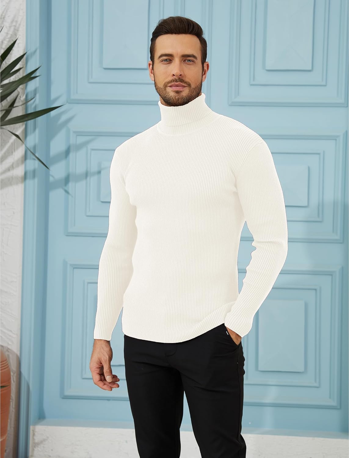 Men's Slim Fit Turtleneck Sweater Casual Cable Ribbed Pullover Knitted Sweaters - Image 2